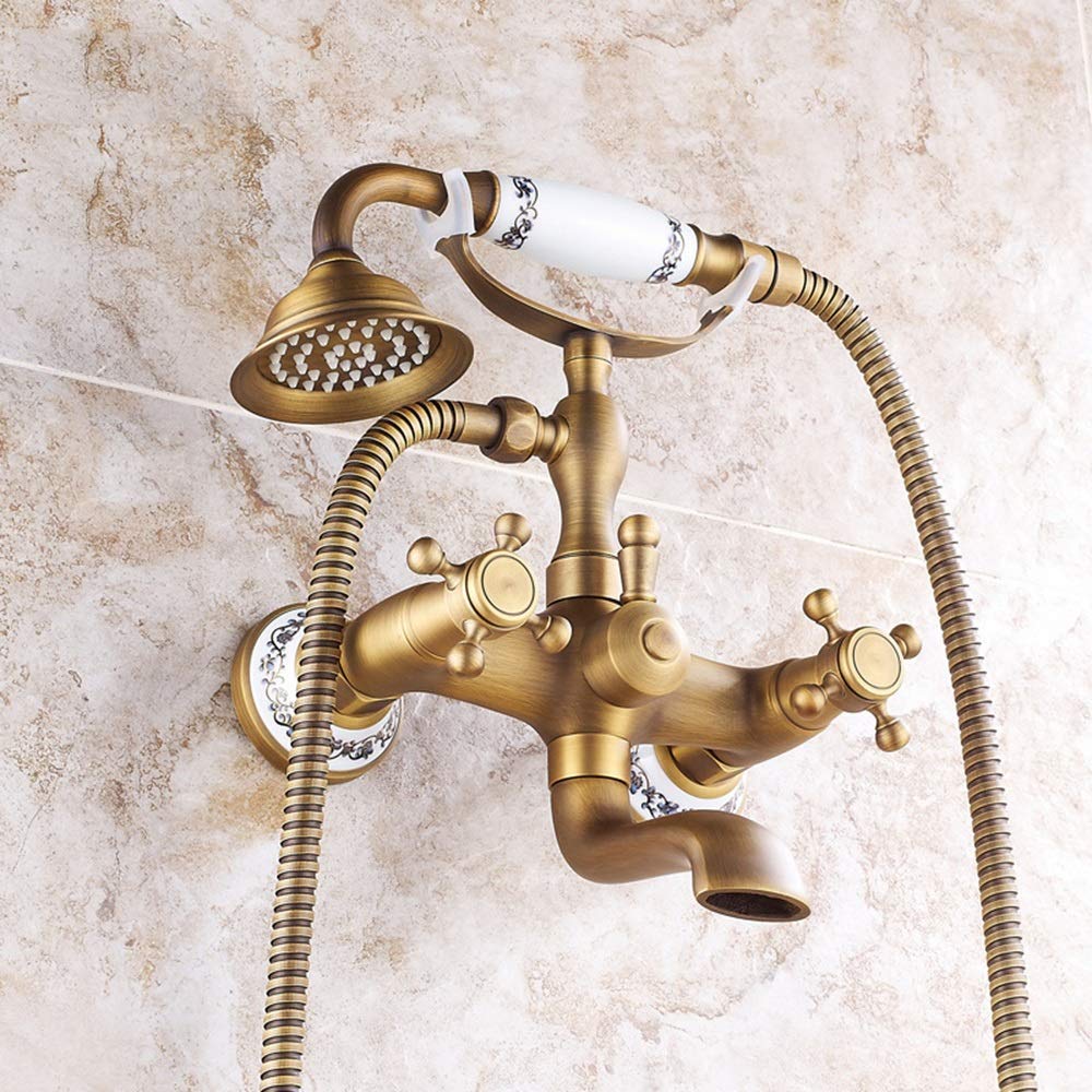 OZBMA European Ceramic Phone Style Bathroom Shower Set Antique Copper and Cold Mixed Water Handheld Booster System 2 Function with Faucet Bronze Not Rusting Luxury