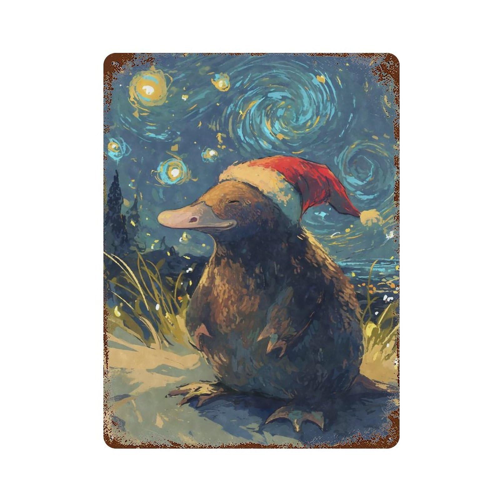 Platypus in Santa Hat Rustic Tin Plaque 15.7"x11.8", Farmhouse Wall Decor for Shed, Workshop And Garage Wall Decor