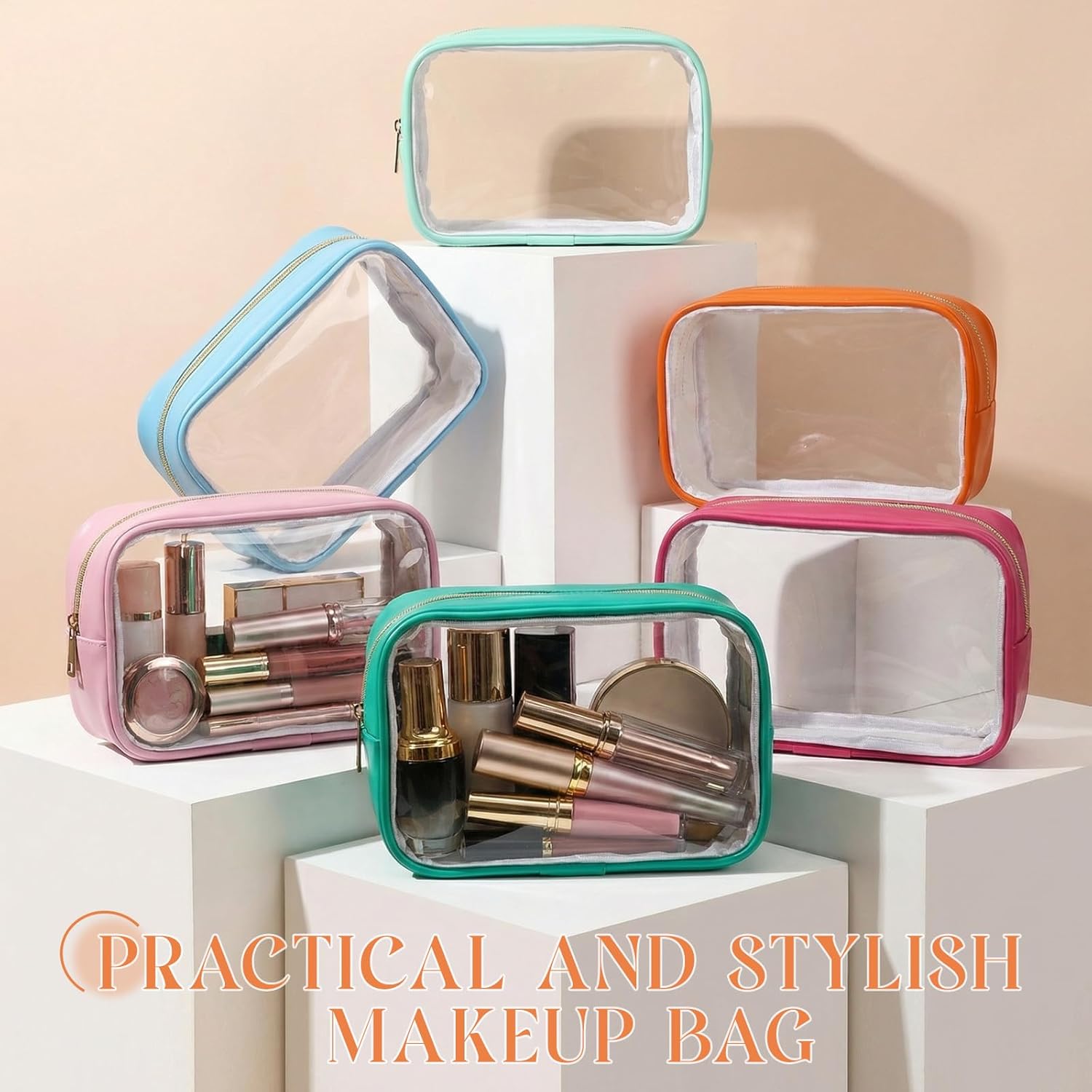 Abbylike 6 Pcs Clear Makeup Bag Bulk Travel Cosmetic Case Women PU Leather Toiletry Bag with Zipper Waterproof Travel Toiletry Bags for Mothers Day Wedding Bachelorette Gifts(Pastel Color)