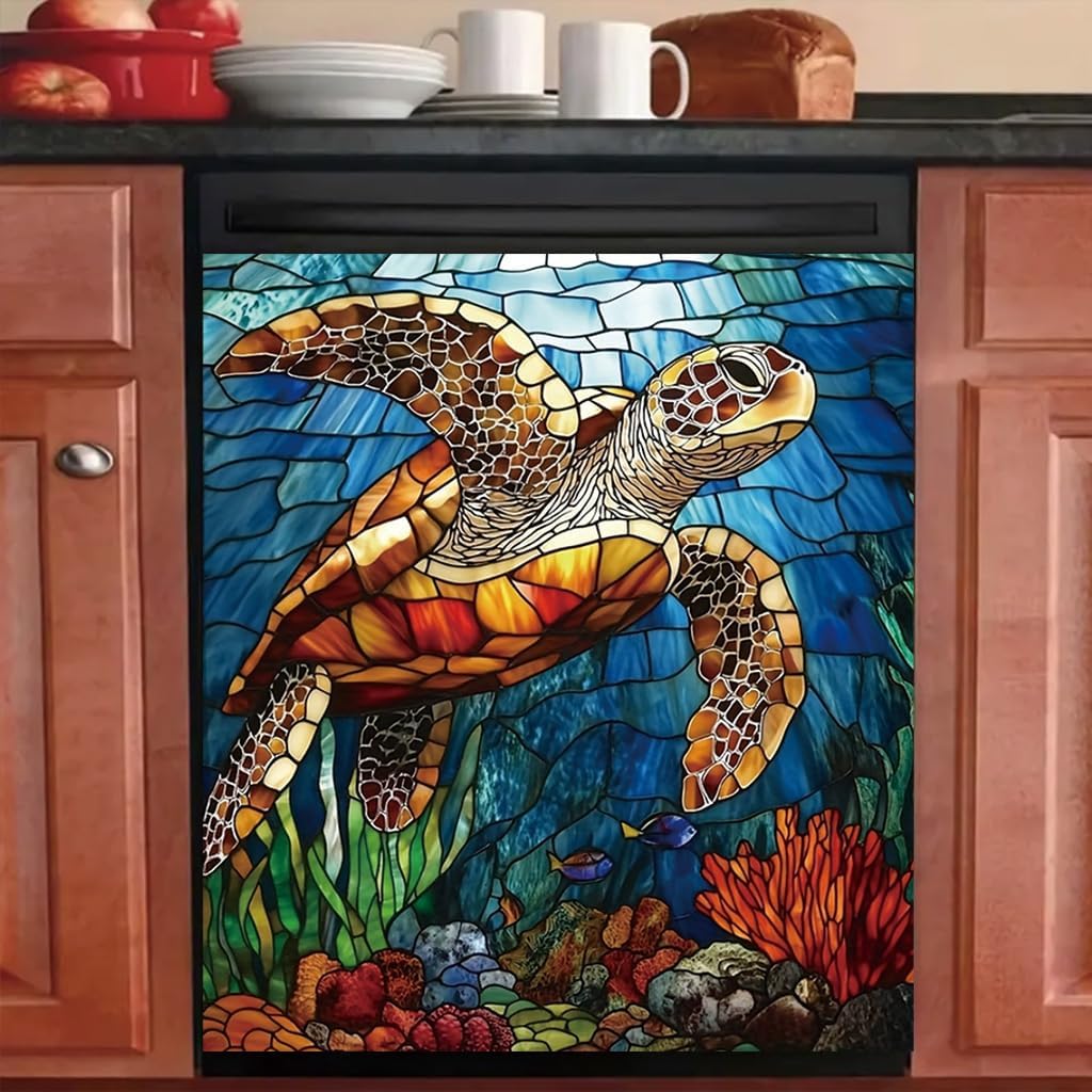 2D Flat Sea Turtle Dishwasher Magnetic Cover 23x26 Inch Ocean Stained Glass StyleAppliance Magnet Artistic Marine Kitchen Decor image 2