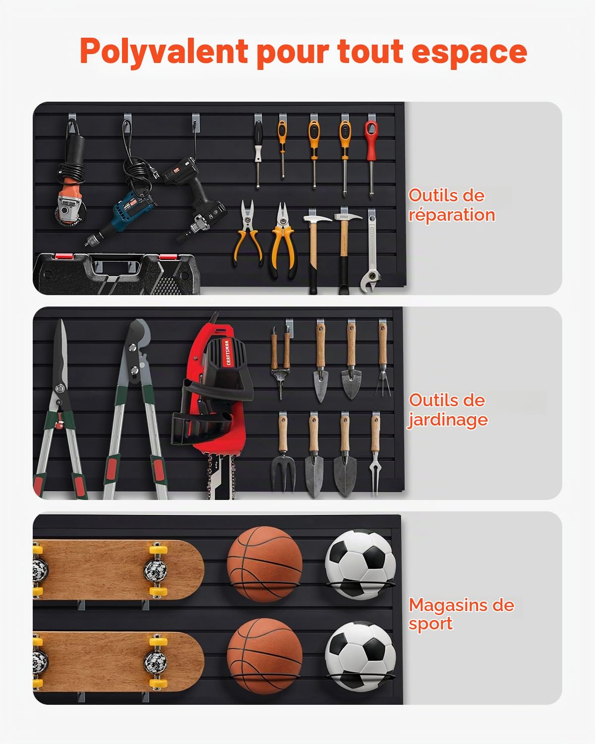 VEVOR Panneau à Lattes Mural Garage, 1225 x 645 mm, Panneau Rangement Outils en PVC avec Conception Modulaire, Porte-outils Muraux pour Affichage, Organisation, Stockage, Atelier, Artisanal, Noir