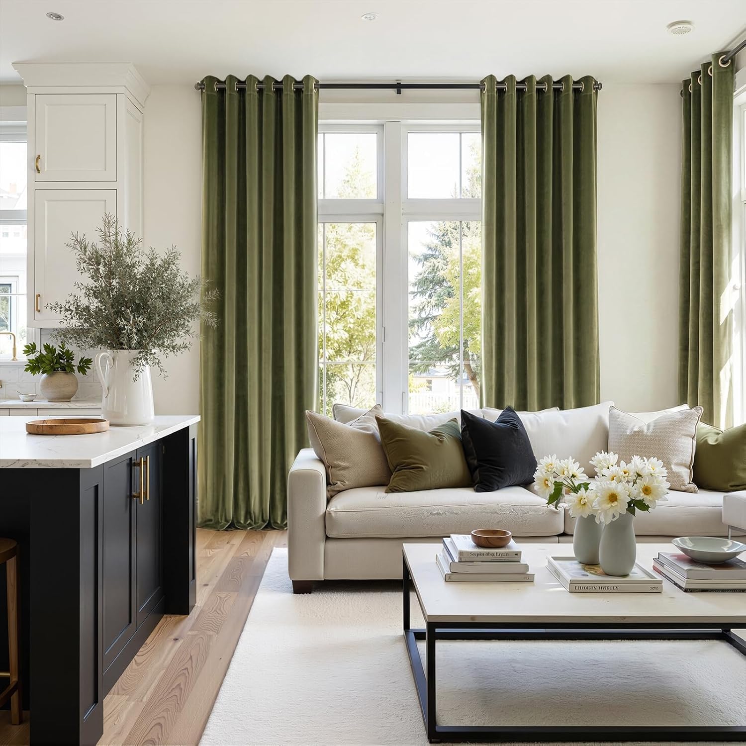 Topfinel Cortinas Salon Opacas 140x240 CM, Verde Oliva Cortina de Terciopelo Dormitorio Sala con Ojales, Habitacion Cortina Opaca Termica, Ventana Aislante Blackout