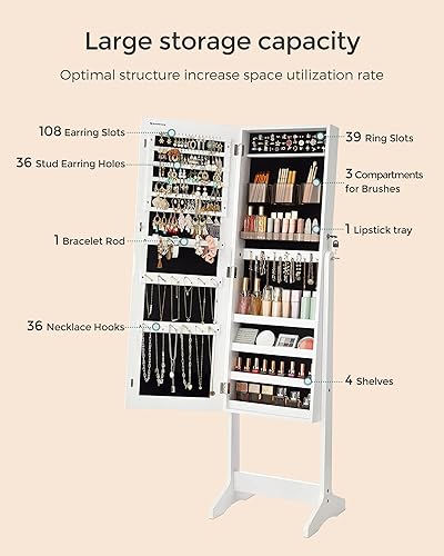 Miniatura 4 de SONGMICS Armario de joyería, unidad organizadora de almacenamiento independiente con cerradura con 2 almacenamiento de cosméticos de plástico,