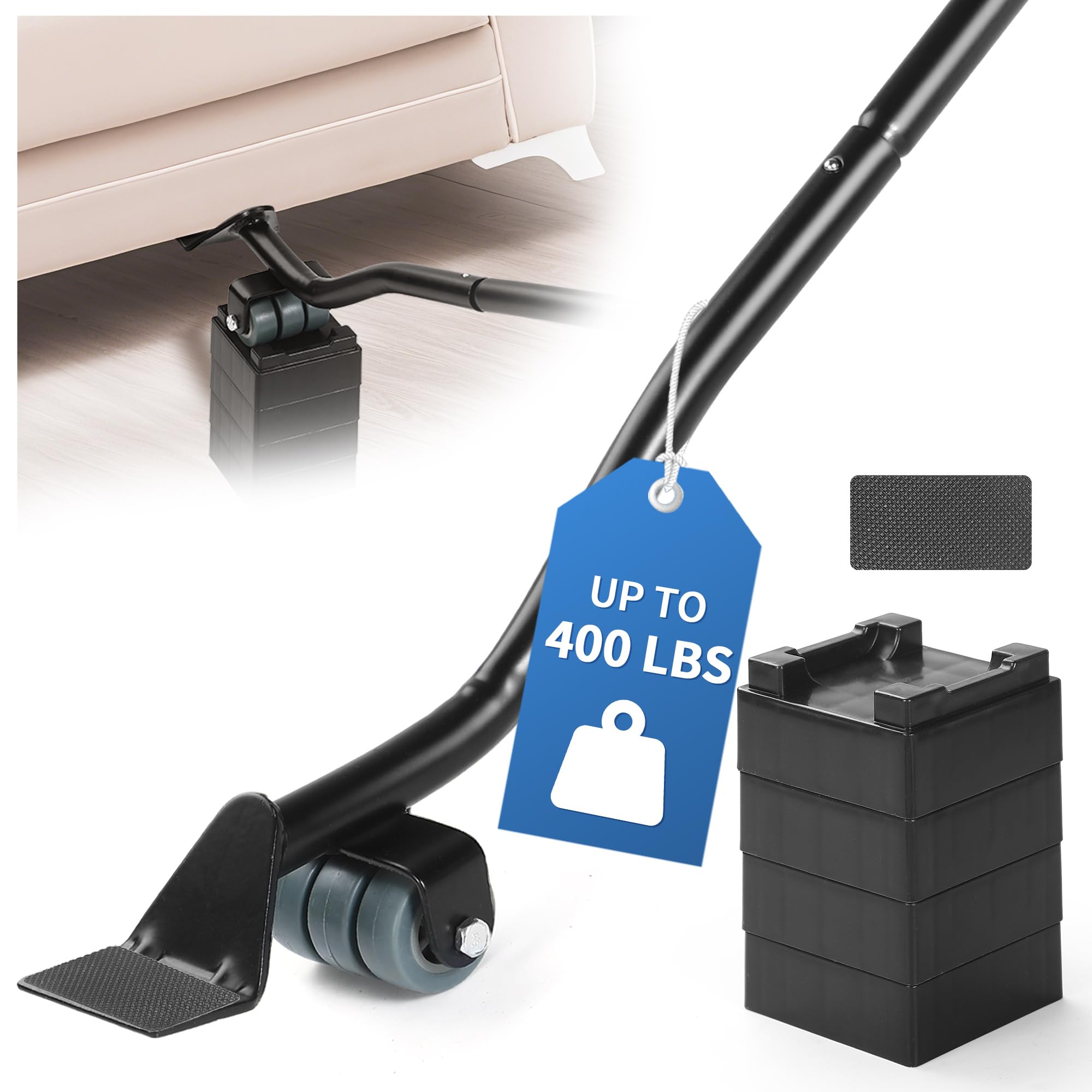 Furniture Lifter Tool Set – Save 80% Effort – Lifts up to 400 lbs – Heavy-Duty Steel Lever with 4 Plastic Base Pads, Ideal for Moving Sofas, Appliances, Furniture Jack Lifter Tool (25 in)