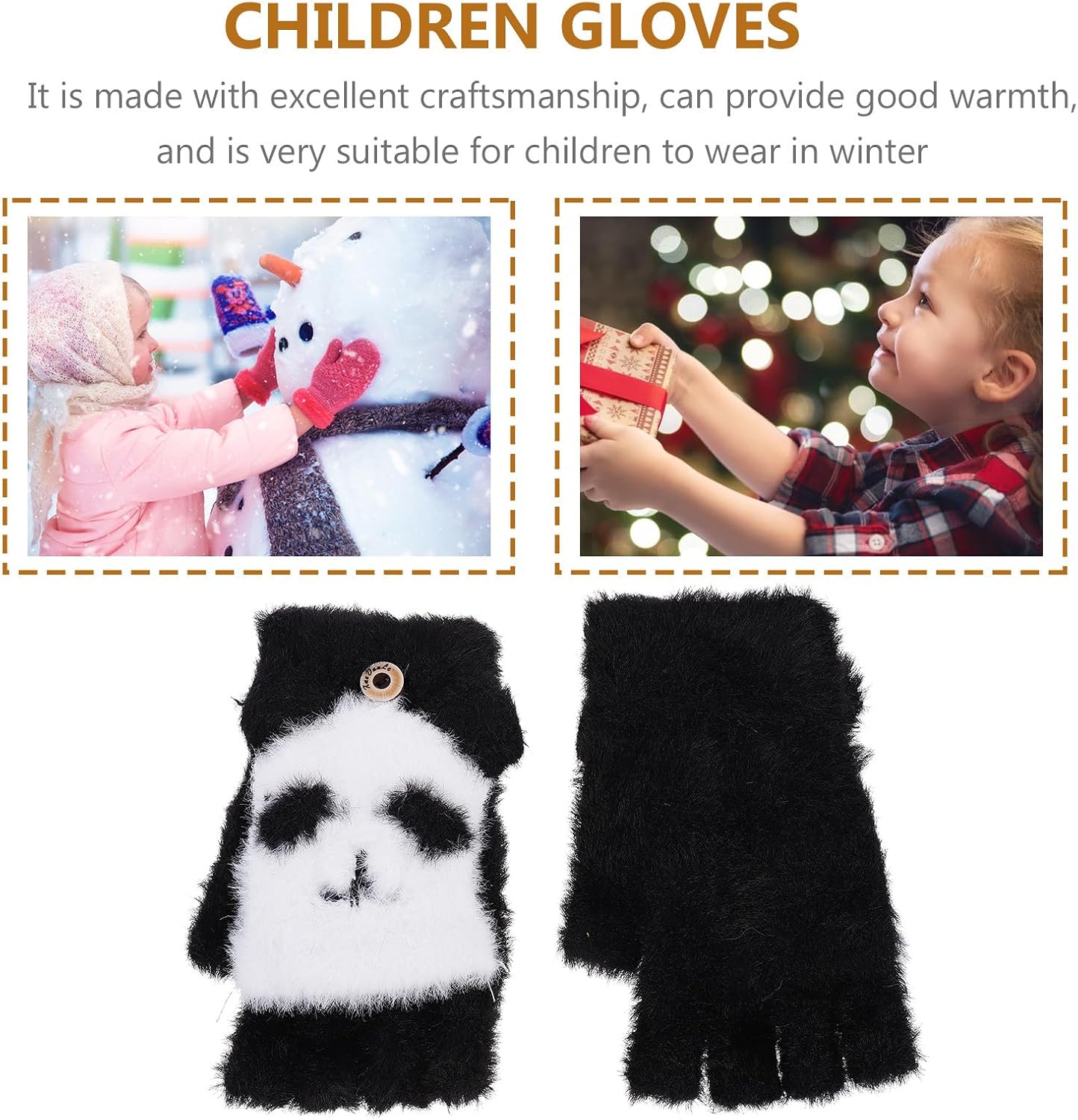 Winter Plush Flip-top Gloves Thickened Warm Cartoon Fingerless Gloves for Boys and One Size Black Winter for Outdoor Cold Weather