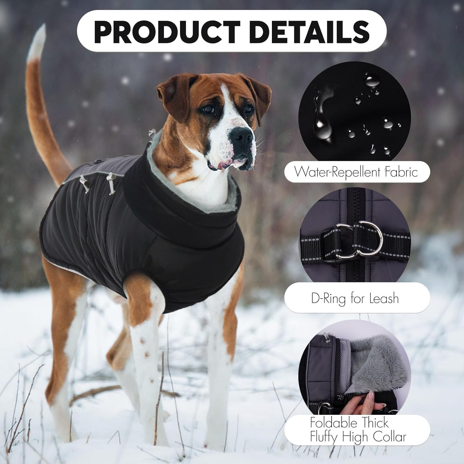 IDOMIK Warm Dog Coat with Harness, Waterproof Reflective Dog Jackets for Small Medium Large Dogs, Fleece High Collar Winter Jacket with Zipper, Pet Winter Snowsuit Clothes for Cold Weather,Black L