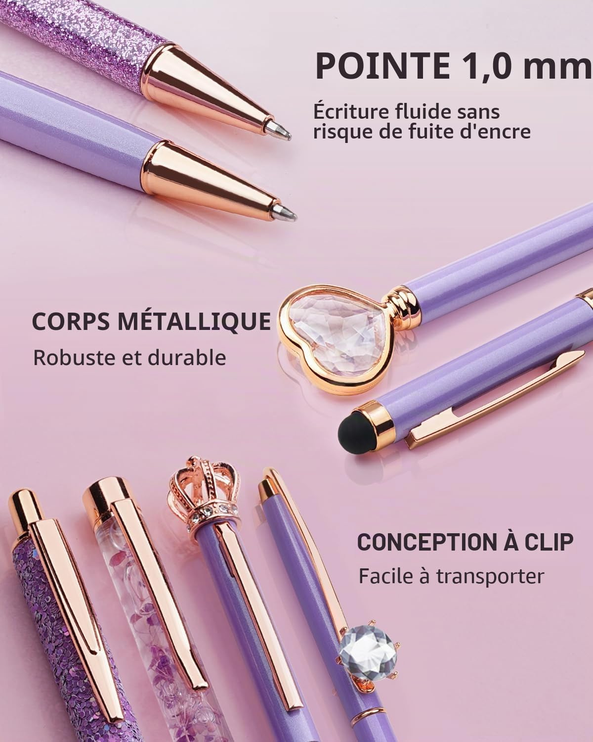 WEMATE Parure de stylos à bille violets 8Pcs,Stylo à bille violet Bling en noir et bleu,Stylo à diamant en métal cristal pour le journal intime Stylo à bille pailleté,bureau,fournitures scolaires