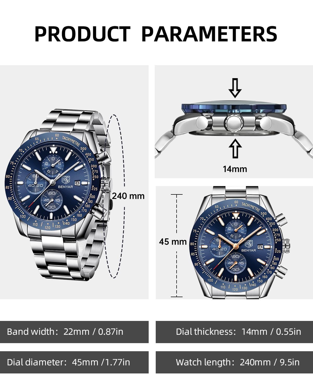 BENYAR BY Orologio Uomo Cronografo Analogico al Quarzo Impermeabile Luminoso Orologio da Polso Sportivo Orologi Regali per Uomo