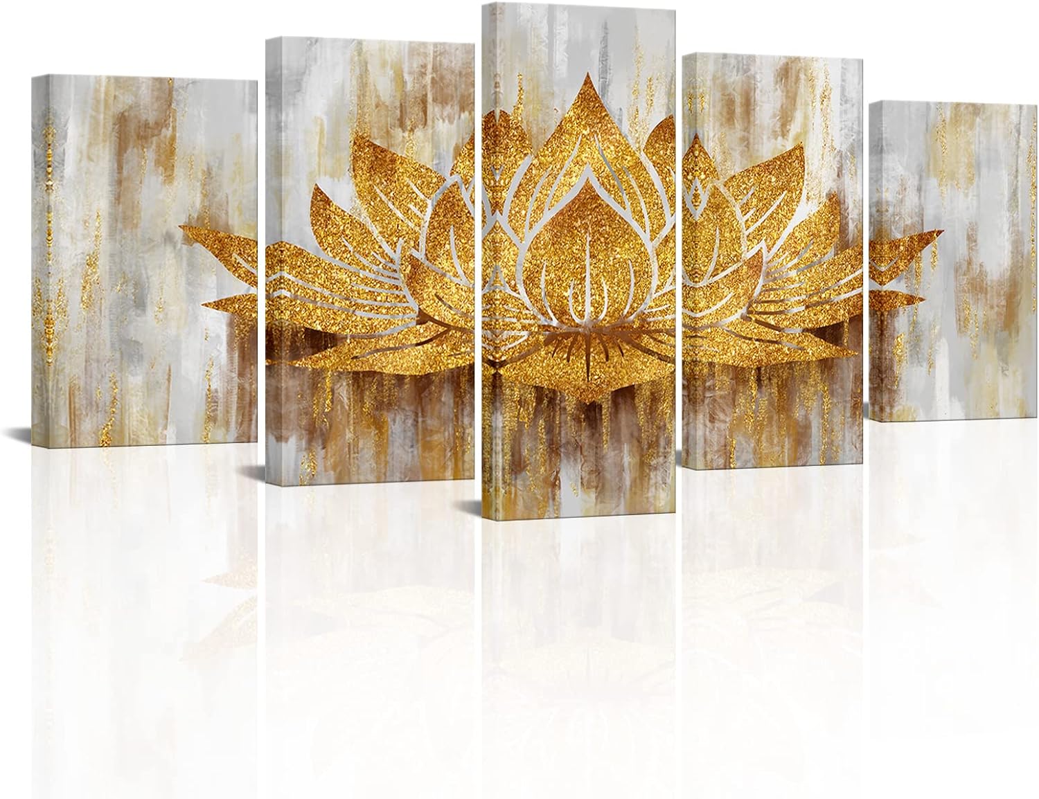sechars 5 Piece Lotus Flower Wall Art Abstract Golden Floral Painting Canvas Prints Zen Artwork for Home Office Living Room Gold Decor Gallery Wrapp Ready to Hang (Medium)