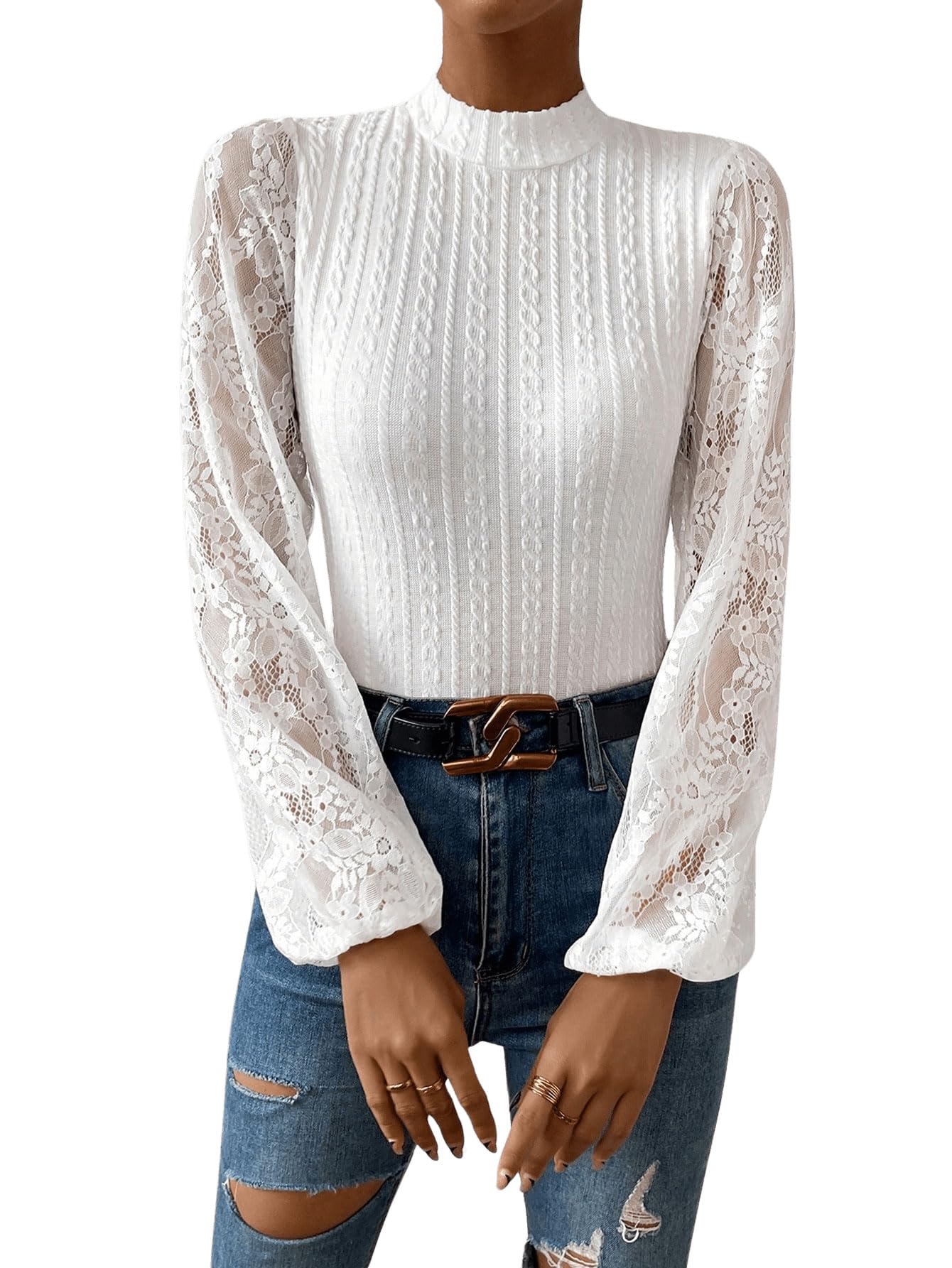 GORGLITTER Body de encaje para mujer, de manga larga, con cuello alto, blusa, body elegante, con encaje, Blanco, S