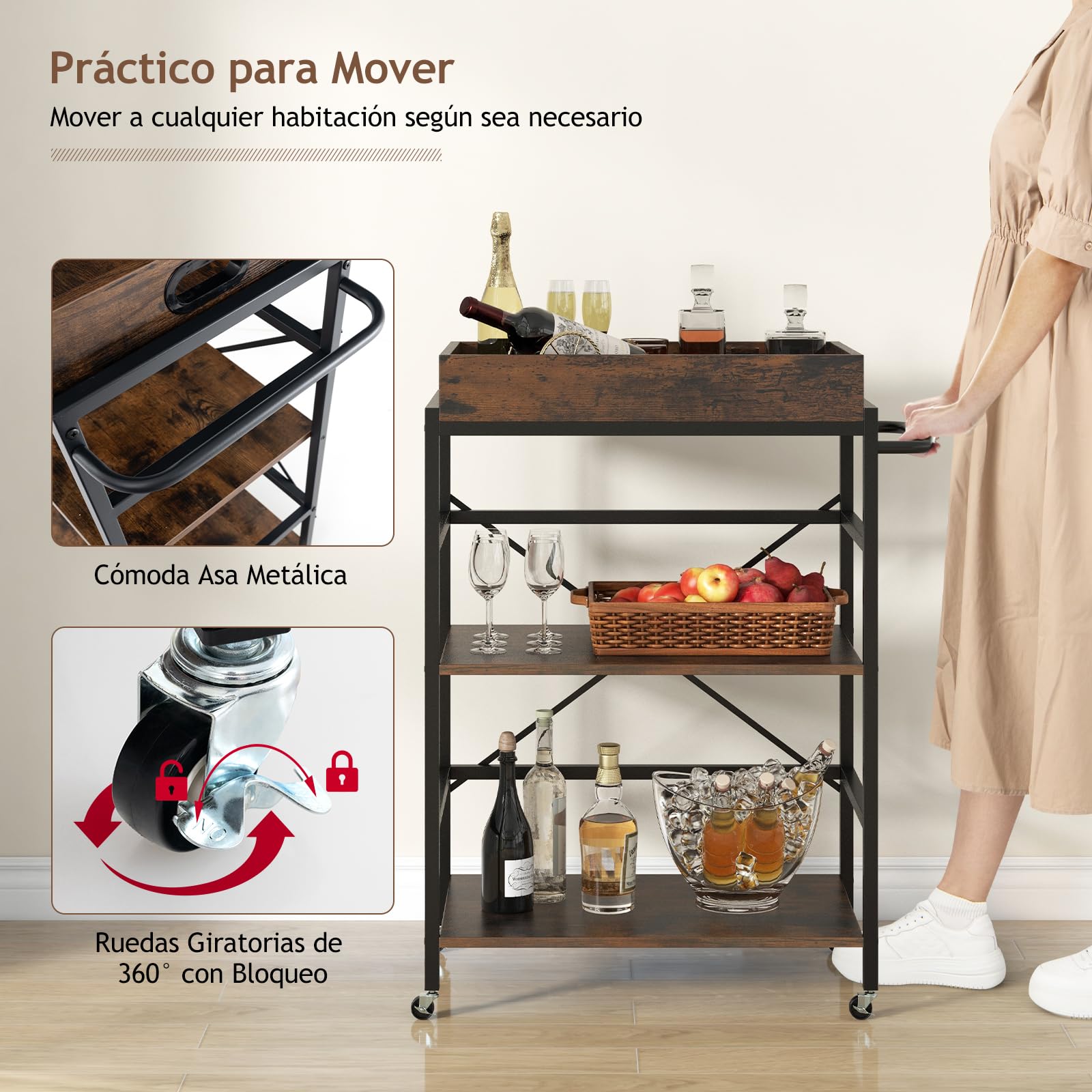 GOPLUS Carro de Cocina de 3 Niveles con Ruedas, Carro de Servicio de 3 Niveles con Bandeja Extraíble, 4 Ruedas Universales Bloqueables, Carro de Estilo Industrial, para Cocina Comedor