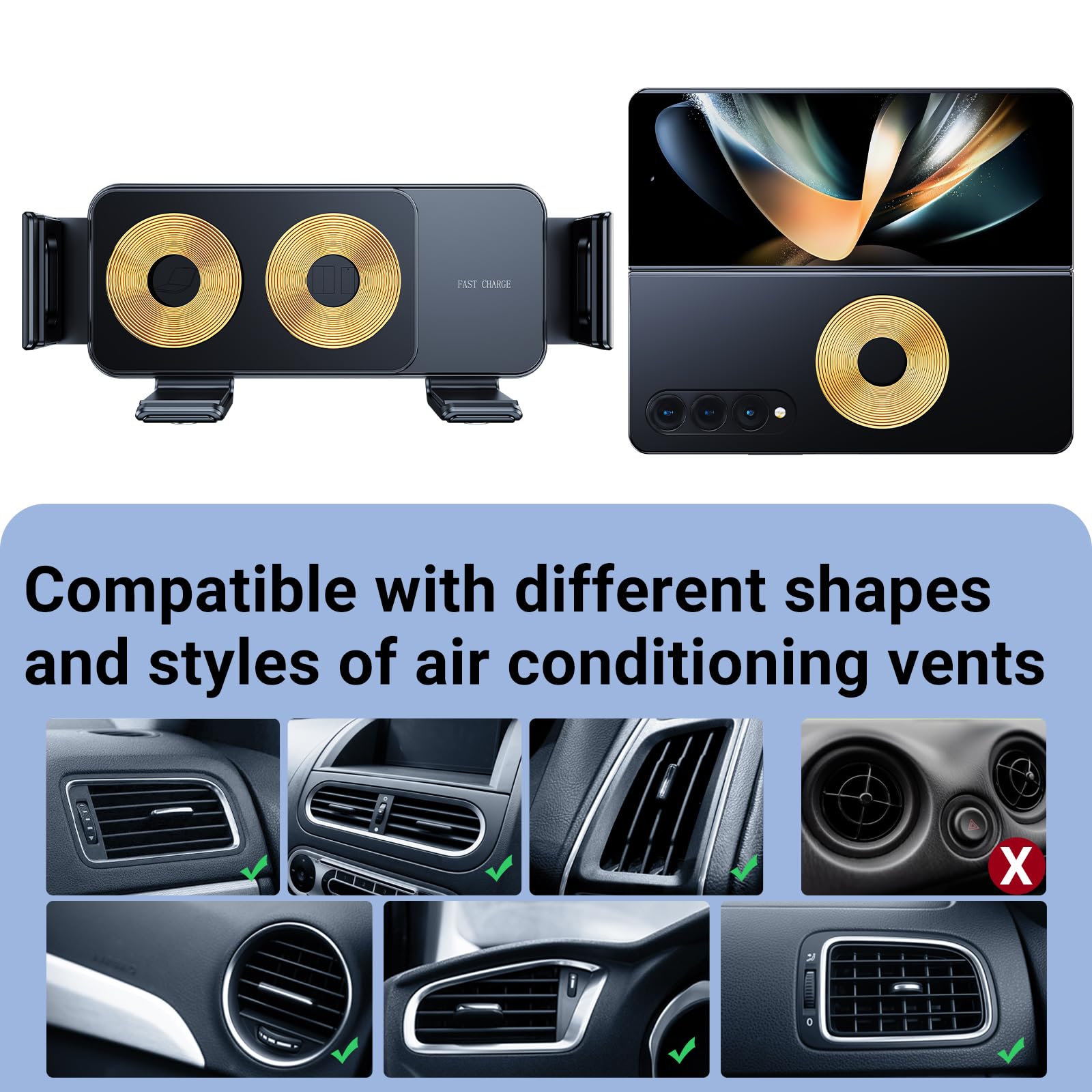 Caricabatteria da auto senza fili con sensore rapido, doppia bobina, supporto per telefono girevole automatico per Samsung Galaxy Z Fold 5/Z Fold 4/3/2 Oppo Find N2