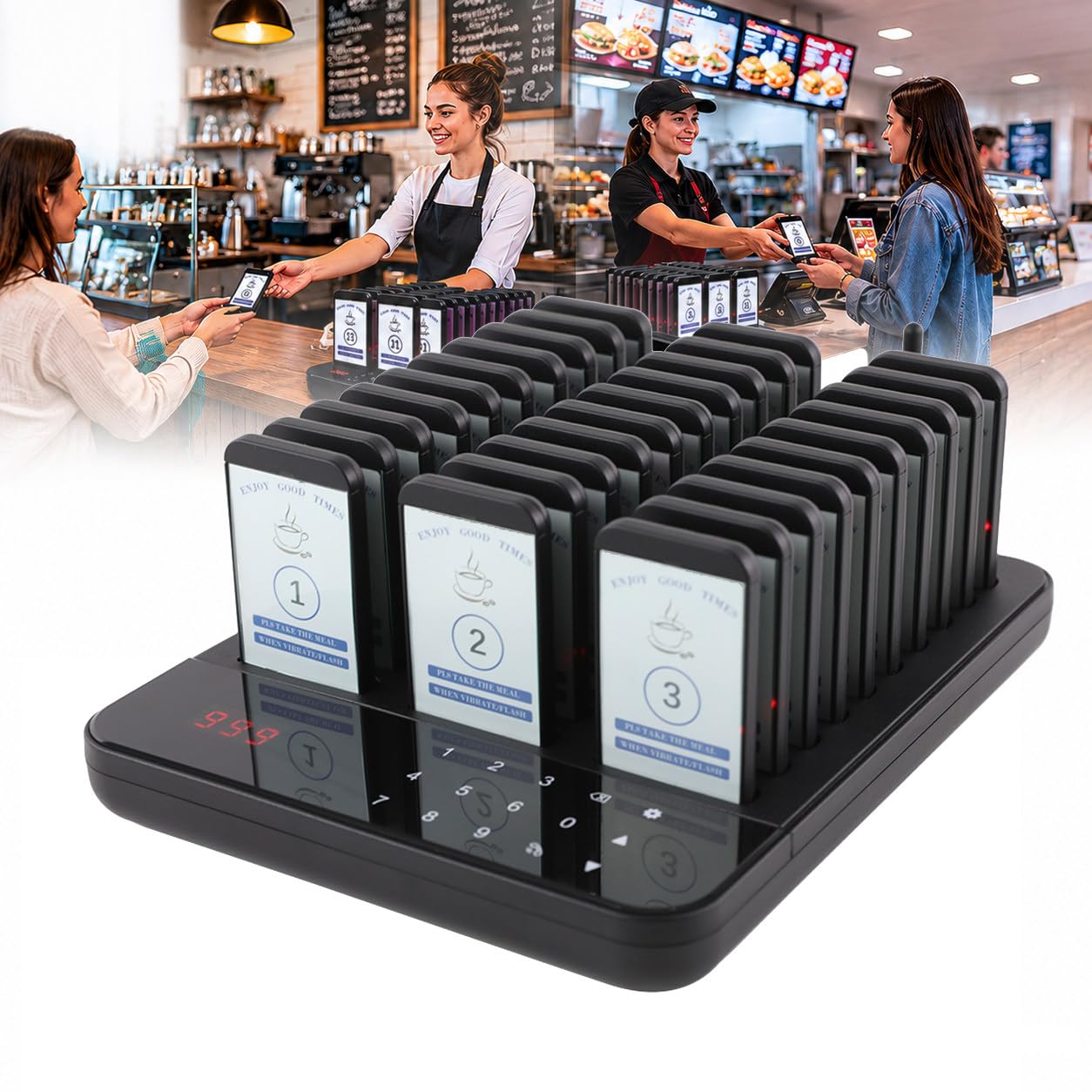 JSMDLN Restaurant Pager System,1640ft Long Range Pagers,16/20/30 Order Buzzers,Waterproof Touch Keyboard with Vibration Flash and Buzzer,for Food Trucks Bar Churches 30*Receiver