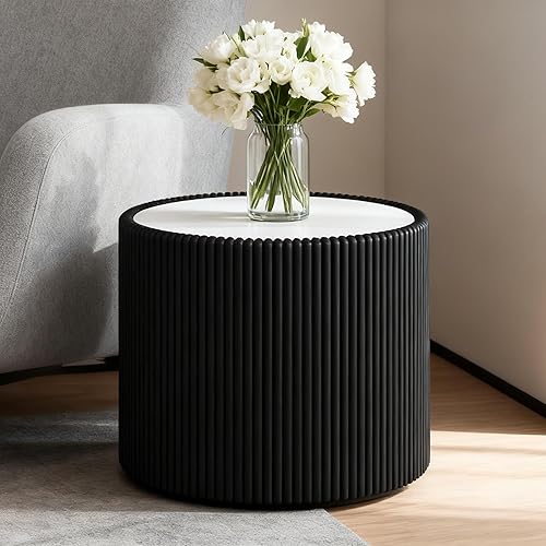 Miniatura 87 de Mesa auxiliar redonda moderna, mesa auxiliar de sofá de mármol sintético con base cubierta de cuero sintético en forma de cuenco, mesa auxiliar