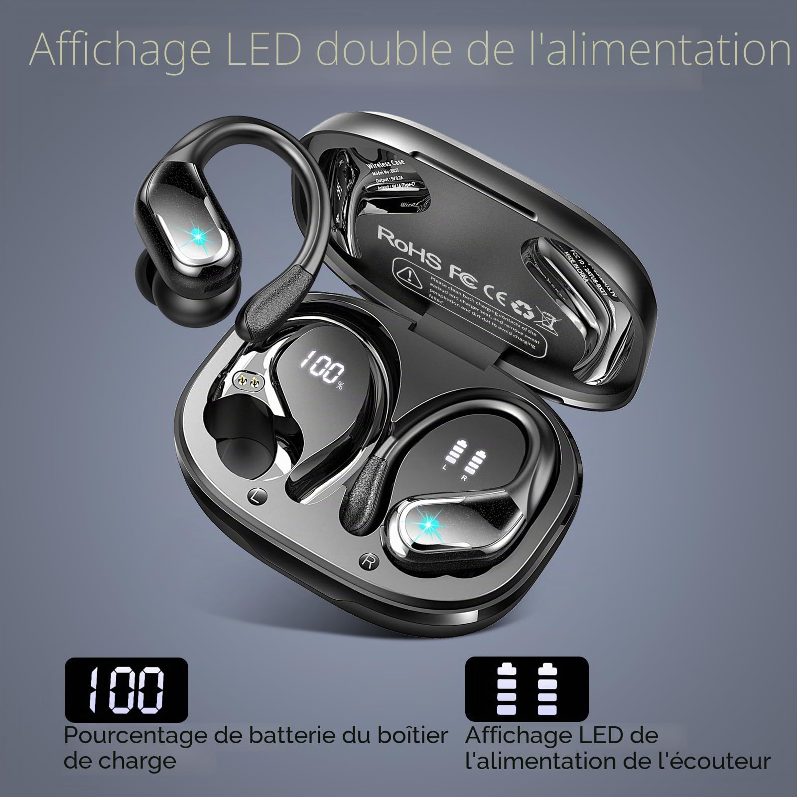 Ecouteurs Bluetooth Sans Fil Sport, 75Hrs Écouteurs Bluetooth 5.4 avec Stéréo HiFi 3D, 4 ENC Réduction de Bruit Mic Oreillette sans Fil USB-C Charge, Étanches IP7 Casque Running LED pour Android/iOS