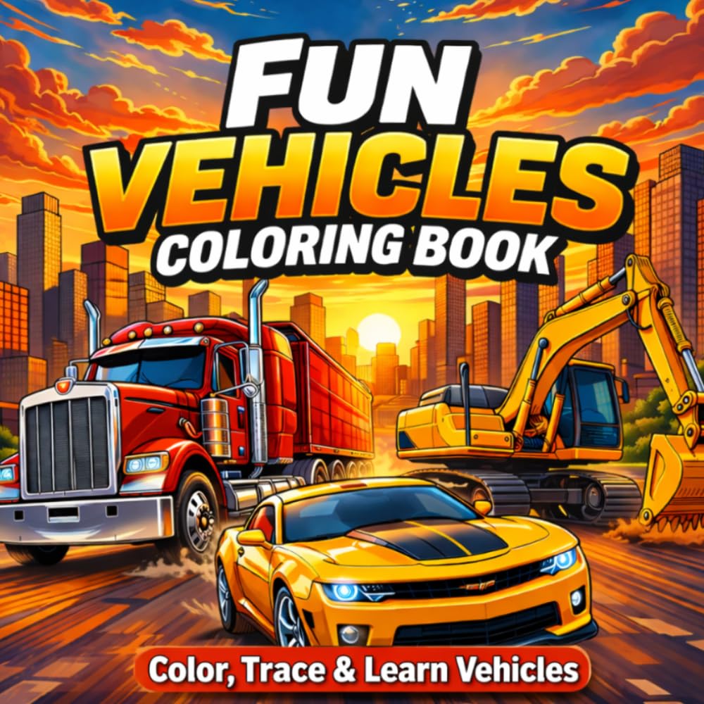 Fun Vehicles Coloring Book: Color, Trace & Learn Vehicles – Kids Activity Book with Cars, Trucks & Transport Coloring Pages | Perfect for Learning, Gifts & Travel Fun | 8.5 x 8.5 Inch | 42 Pages