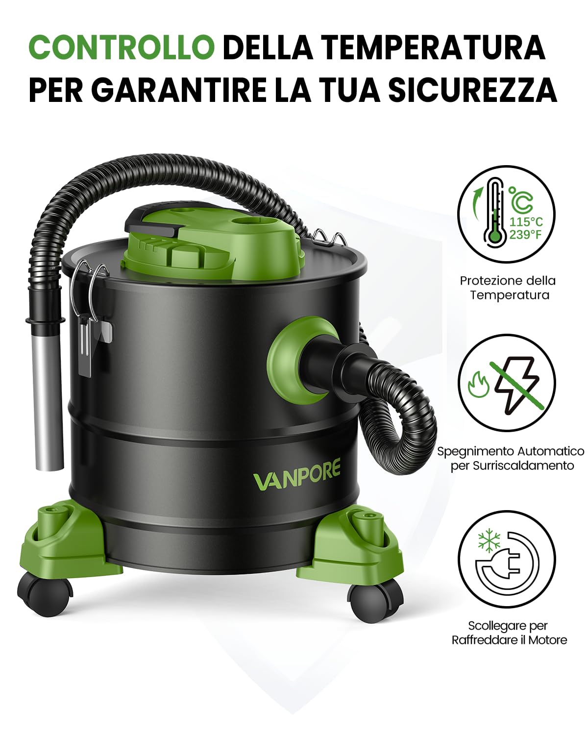 VANPORE Aspiracenere da 5,2 Galloni con Base con Ruote e Potenza di Aspirazione di 1200 W, Aspiracenere per Stufe a Pellet, Caminetti, Grill, Stufe a Legna, Bracieri, Verde