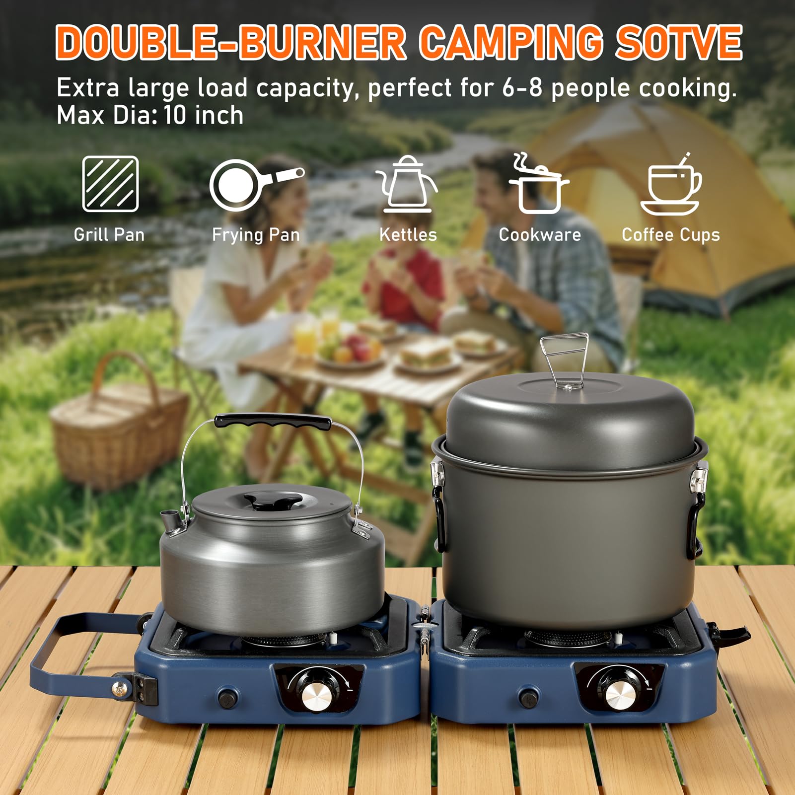 WINKIZA - Estufa de propano mejorada de 2 quemadores con parrilla, estufa de campamento plegable con 16,000 BTU, dos quemadores ajustables con encendido piezoeléctrico y asa de fácil transporte,