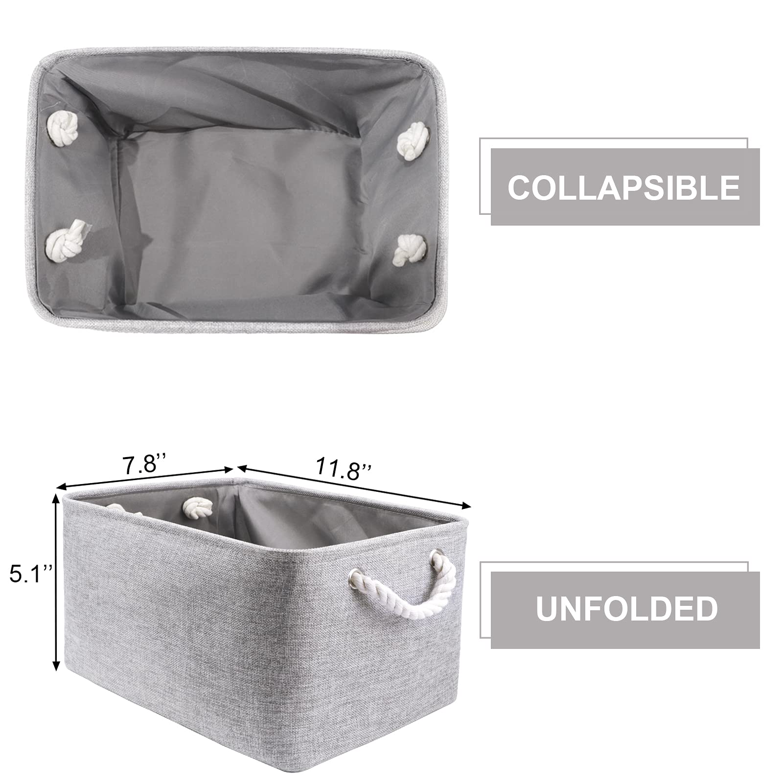 Kleine Körbe für Regale (6er-Pack) Stoff-Aufbewahrungskörbe, leere Geschenkkörbe mit Seilgriffen, faltbare Aufbewahrungskörbe für die Organisation von Heimschrank und Büro (grau, 30x19.8x13 cm)