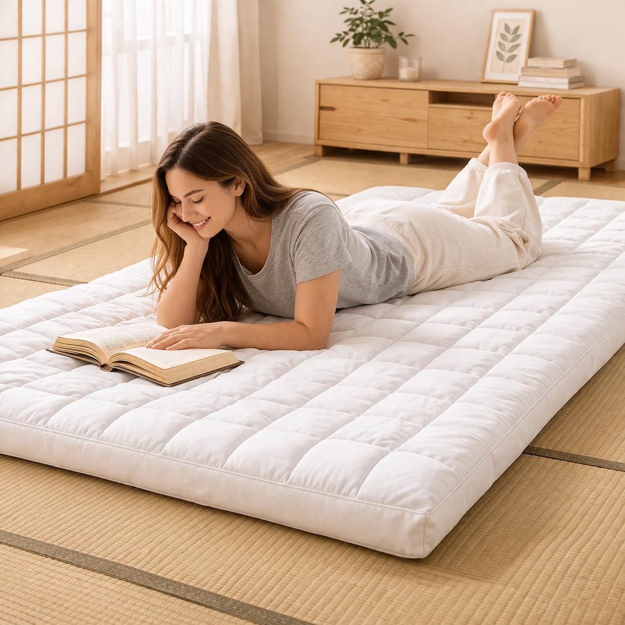 Tradizionale Futon Giapponese (Shikibuton Futon Pieghevole) - Cappotto 100% Cotone - Motivo a Rombi di Alta Qualità (Twin 100 x 210 cm)