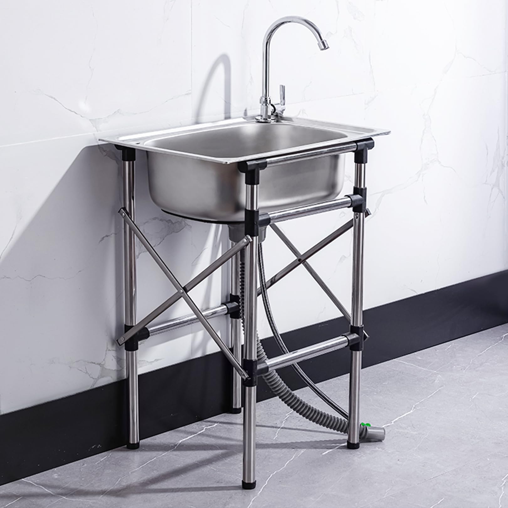 Lavello Mobile da Cucina con Staffa Pieghevole, Rubinetto per Acqua Fredda da Esterno, Ideale per Garage, Campeggio, Barbecue ECC. (53x38 cm)