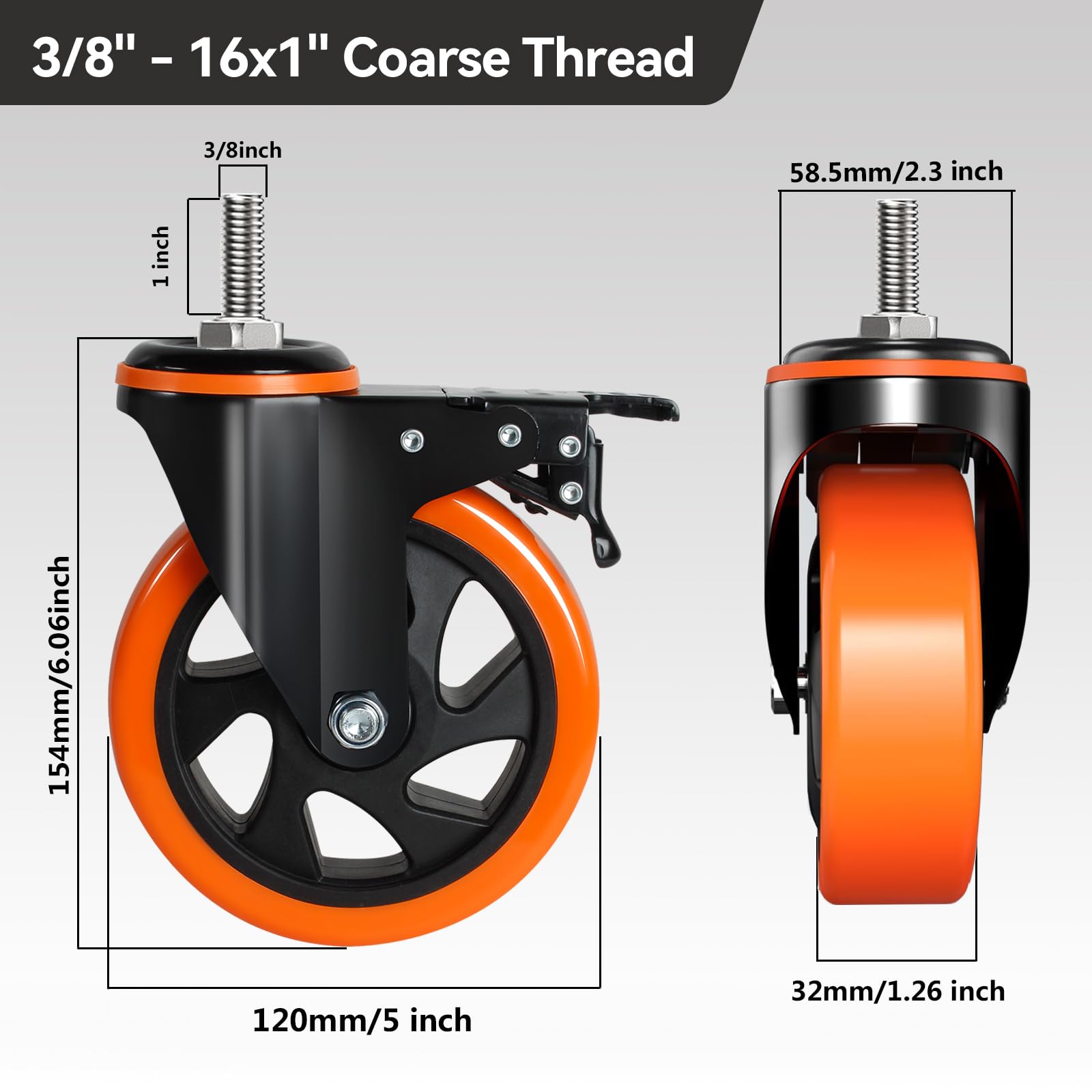 Ruote con perno da 5 pollici per carichi pesanti, portata 2400 libbre, set di 4 ruote con perno filettato da 3/8" -16 x 1, ruote bloccabili con doppio freno, ruote girevoli per carrelli, mobili, ind