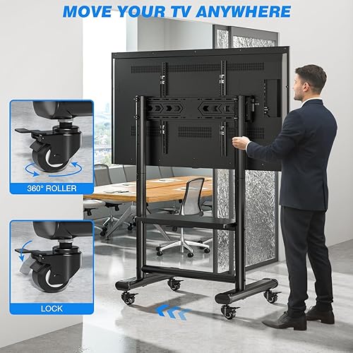 Miniatura 3 de Rfiver Soporte de TV móvil resistente para televisores grandes de 50 a 92 pulgadas de hasta 200 libras, soporte de TV rodante ajustable en altura