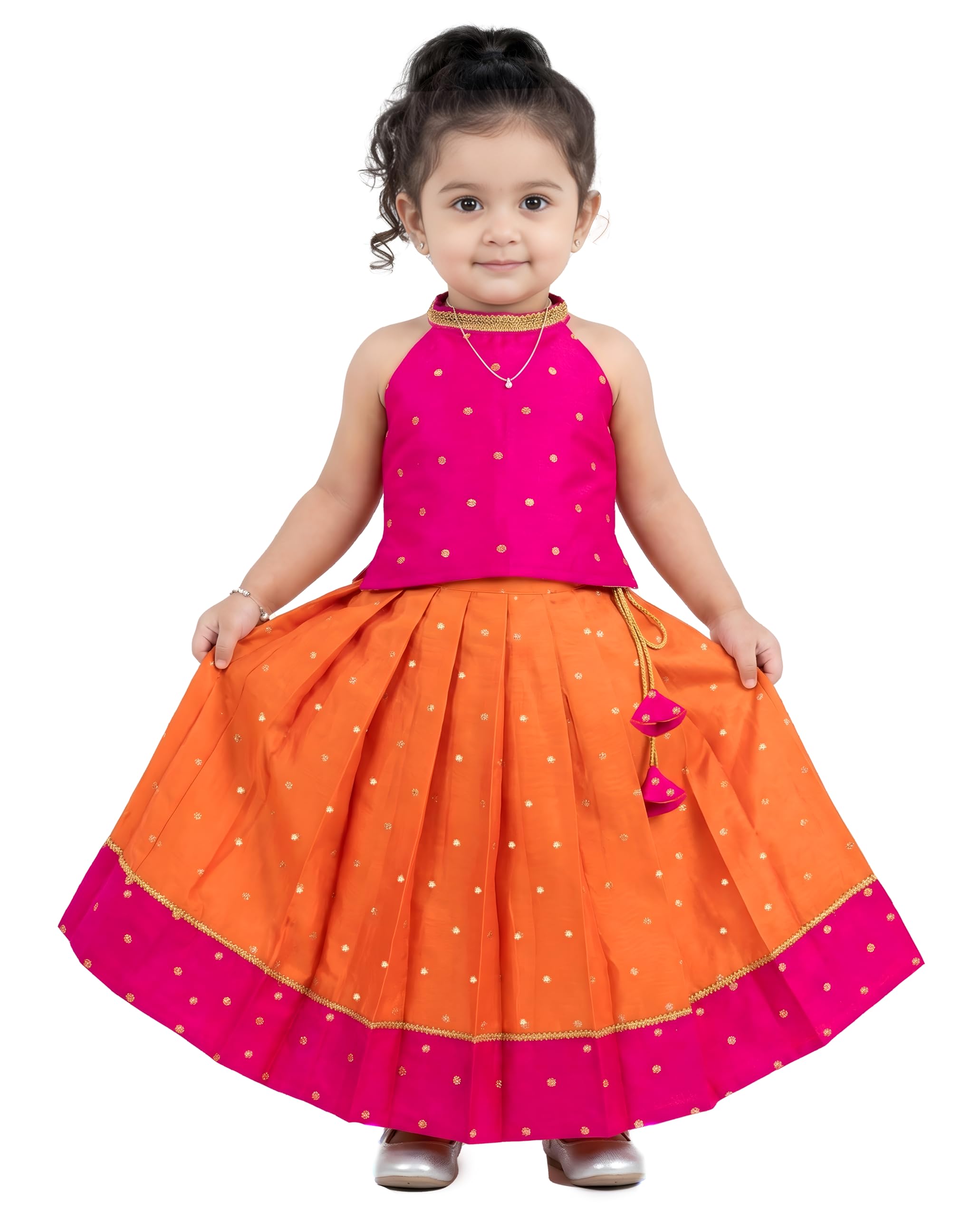 Stanwells Kids Baby Girls Fleared Pattern Dress Sleevless Readymade Ethnic Traditional Full Length Indian Girl Lehnga Choli Set Orange&Pink-image-7