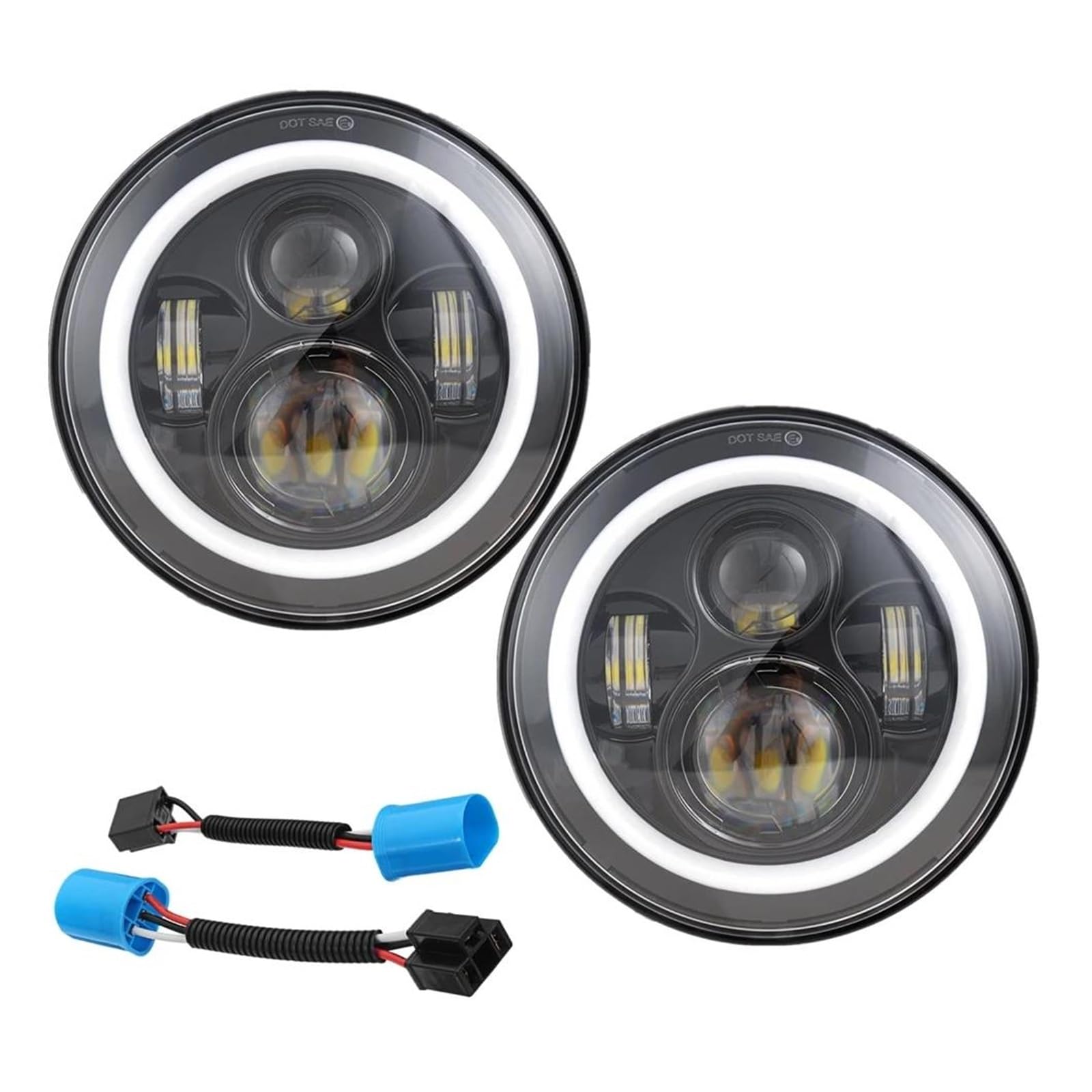 2個7 LED DRLヘッドライト4 × 4 7インチラウンドハローヘッドライトジープJK VAZ 2121 LADA NIVA 7 LEDヘッドランプアンバー信号 7インチ ラウンド LED ヘッドライト ヘイローヘッドライト付き