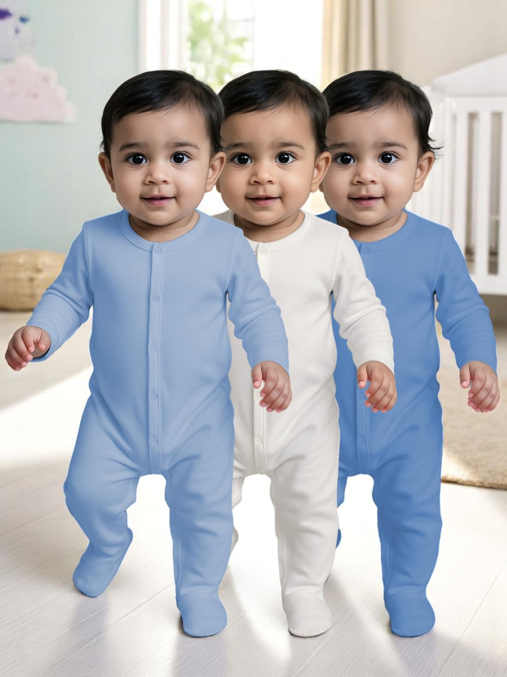 Nuego Pure Cotton Sleepsuits for New Born Baby Boys, Full Sleeve Soft Onesies for Newborn Baby Dress Cotton Cute Solid Multicolor Bodysuit, Footed Rompers Set 3-6 Months - Set of 3 - Image 6 thumbnail