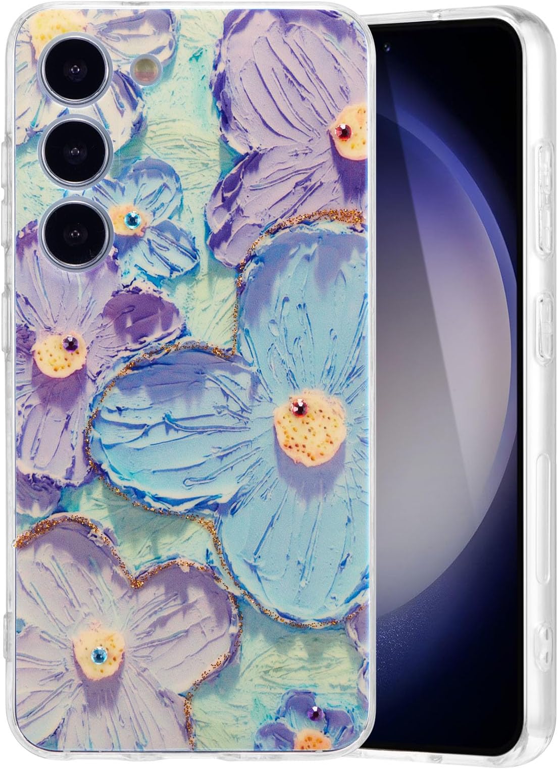 EYZUTAK Case for Samsung Galaxy S23, Colorful Retro Oil Painting Flower Laser Glossy Design Cute Exquisite Floral Blossom Phone Cover Stylish Durable TPU Protective Case for Girls Women -Purple Flower