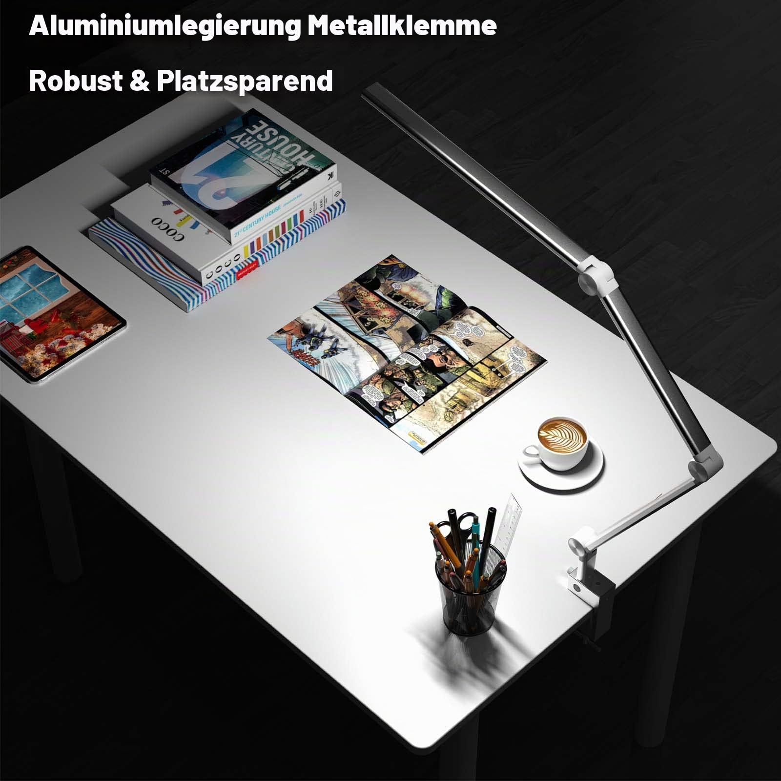 VERSKI Schreibtischlampe LED, Dimmbar 18W Doppelte Lichtquelle Schreibtischlampe für Homeoffice, Klemmbar Augenschutz Tageslichtlampe, 5 Farbtemperaturen und Helligkeit Einstellbare Büro Tischlampe