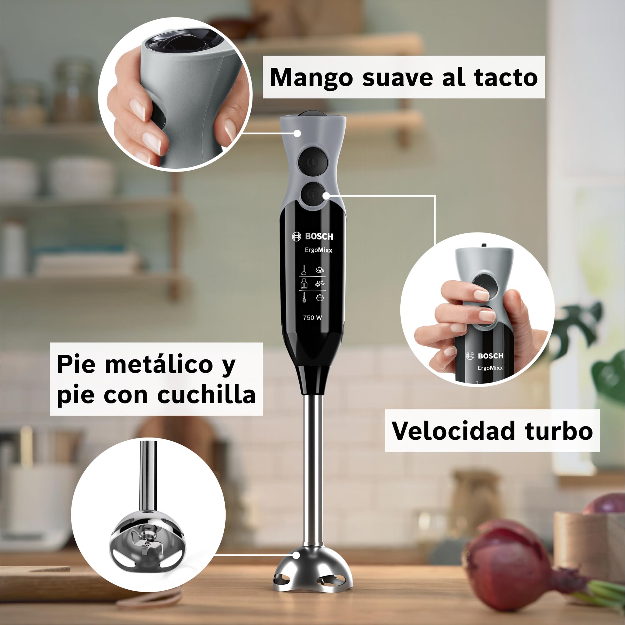 Bosch - Batidora de mano profesional, ErgoMixx, 750 W, 12+1 velocidades, QuattroBlade, Picador y vaso, Negro, MSM67160