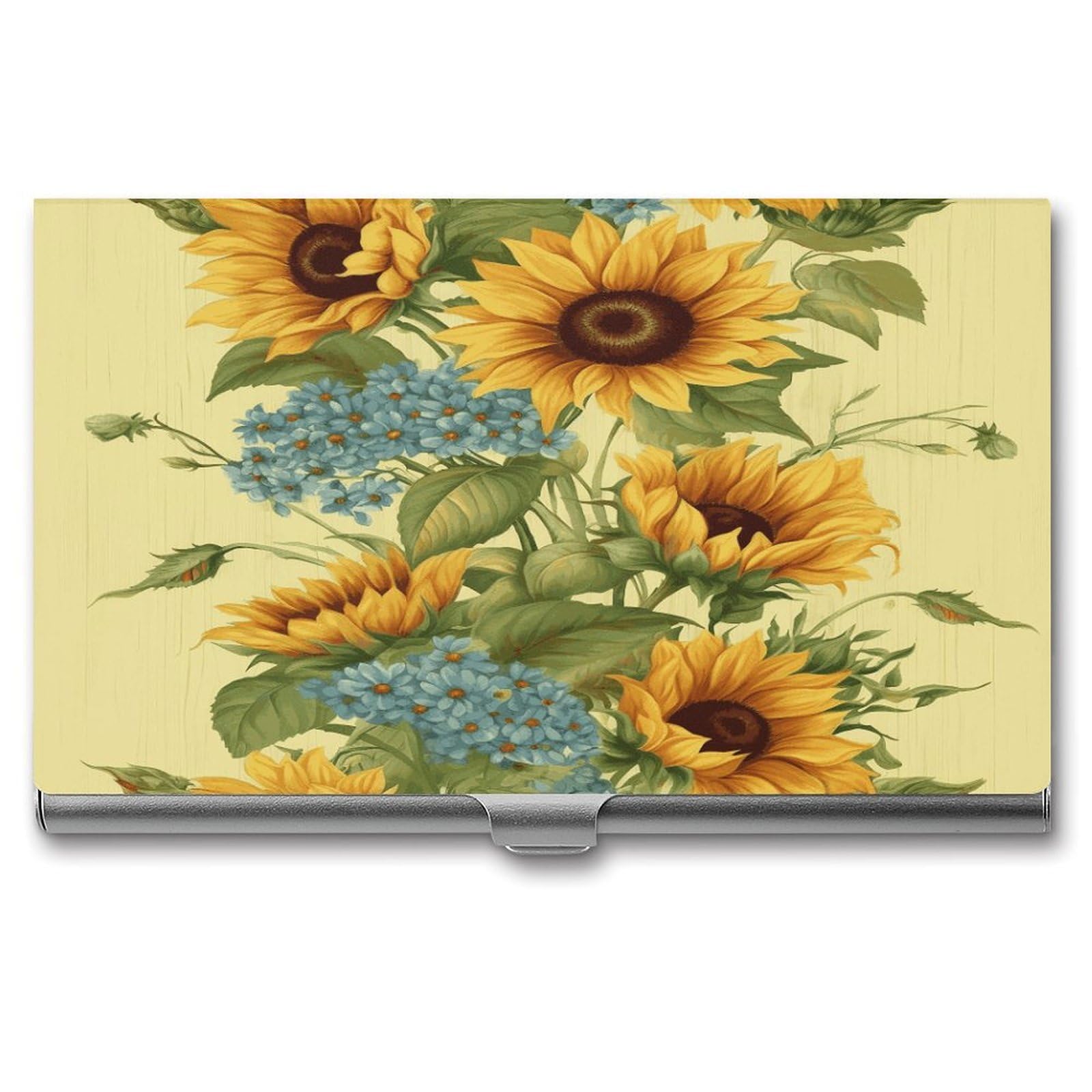 LDGSUPH Sunflowers Business Card Holder Fashion Slim Name Card Holder Minimalist Design Case Metal Card Carrier Personalized Business Card Case with Flip for Men Women