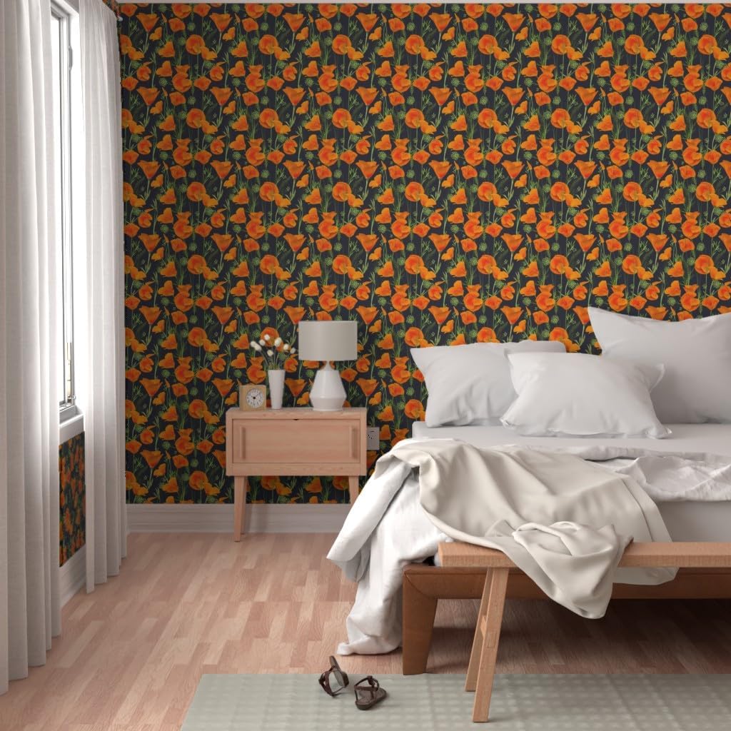 Peel & Stick Wallpaper 3ft x 2ft - Poppies Poppy Orange Blue Floral Art Navy Flower Custom Removable Wallpaper by Spoonflower