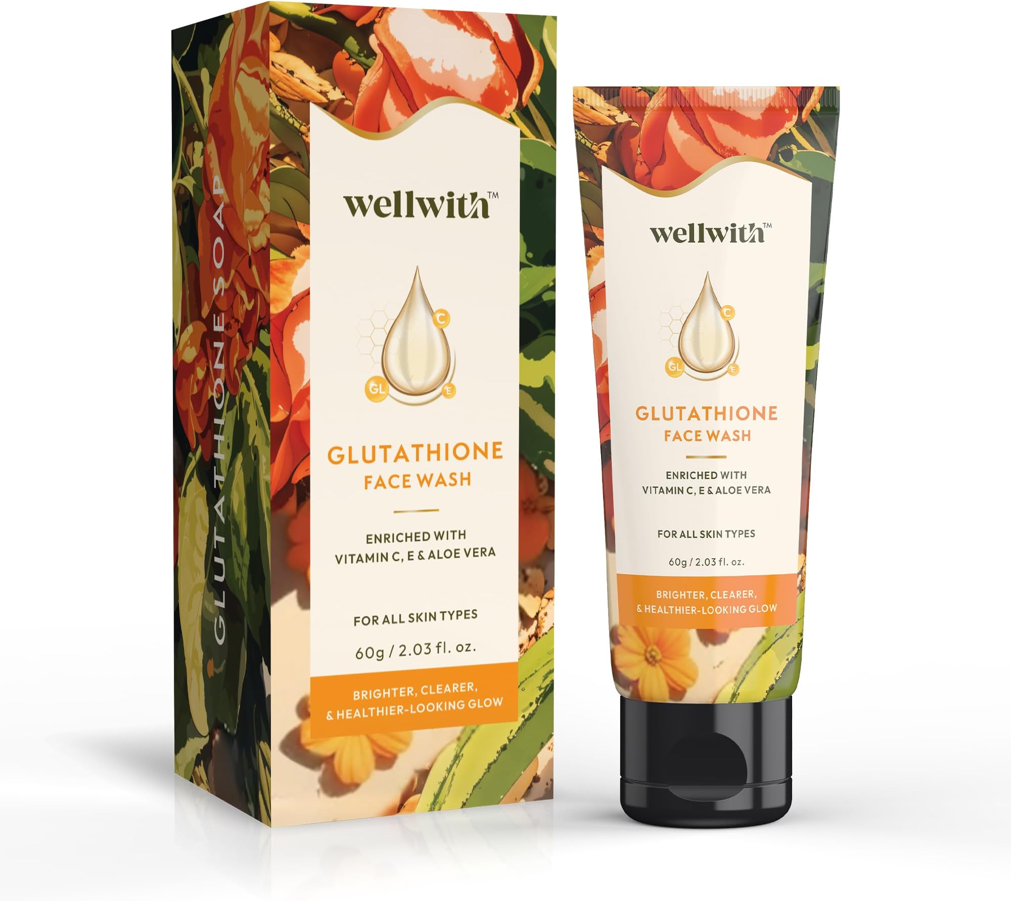 Wellwith by Ayuzera Glutathione Face Wash, Vitamin C & E, Kojic Acid Aloe Vera, Glowing Skin, Oil Control, Cleansing Face Wash Skin Rejuvanating (100ml, Pack of 1)