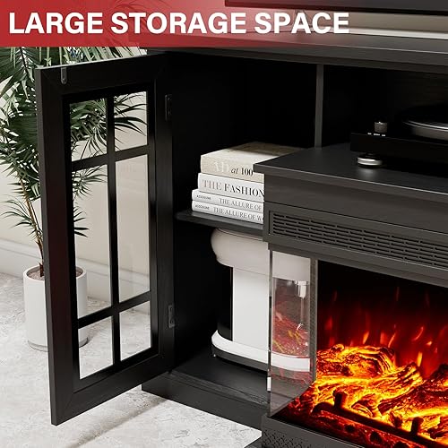 Miniatura 36 de Soporte de TV con chimenea eléctrica de vidrio de 3 lados, centro de entretenimiento multimedia de 59 pulgadas con gabinete de almacenamiento de