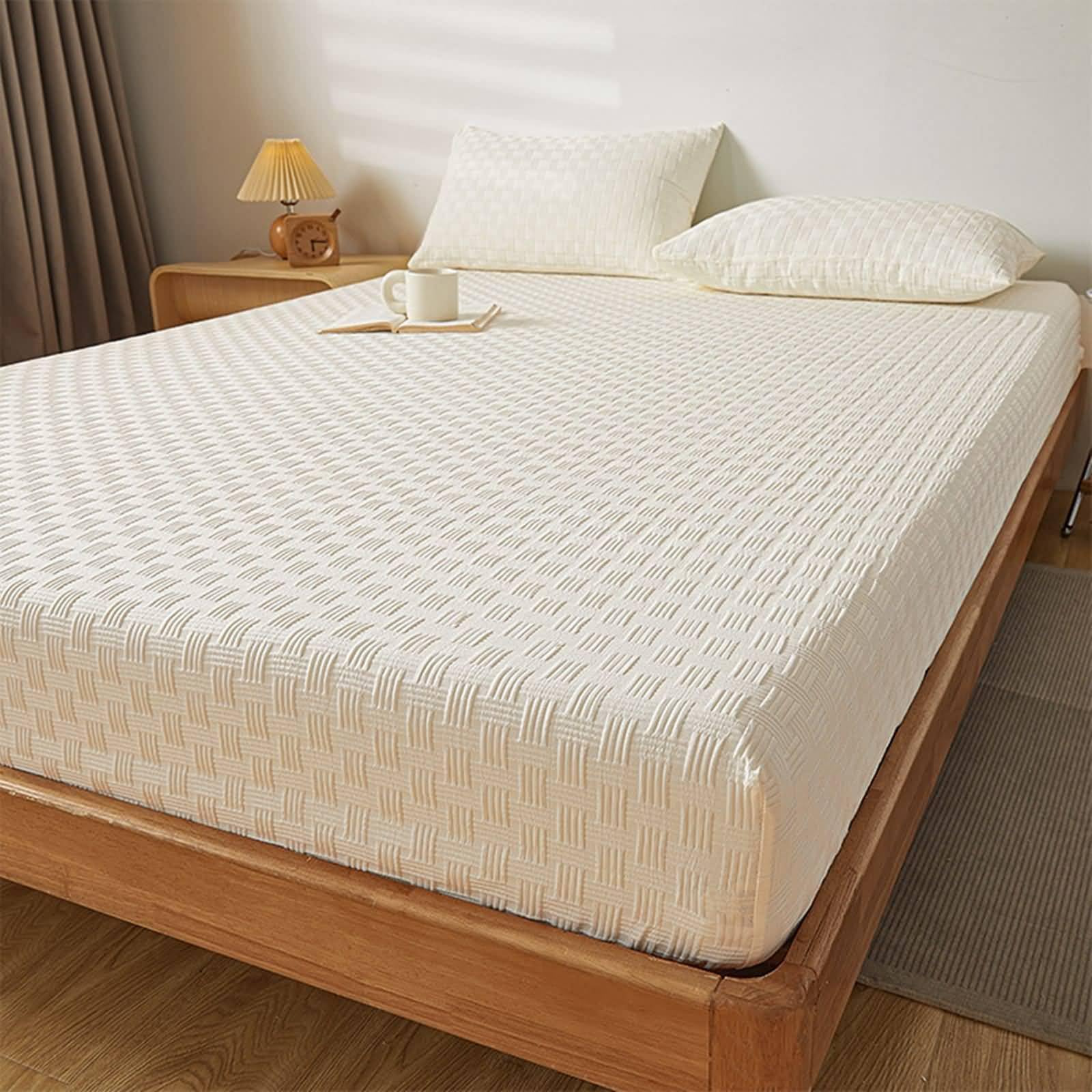 3 Pezzi Lenzuola Angoli Singole Poliestere Cotone, Motivo Plaid Tessuto con Tinta Unita, 150 x 200 CM + 2 Federe, Beige Bianco