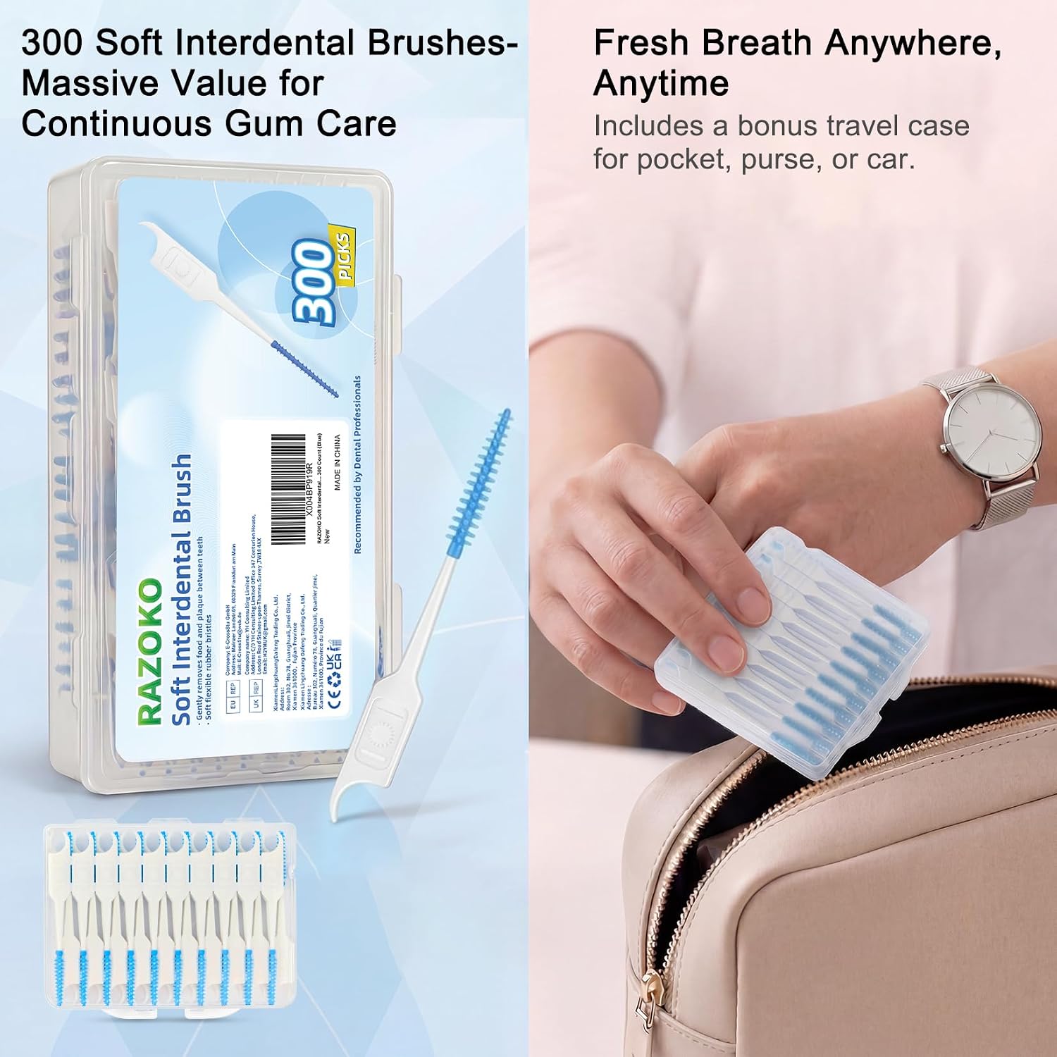 RAZOKO Soft Interdental Brushes Original, Dental Picks for Cleaning Teeth, Disposable Interdental Brushes, with Convenient Carry Case (Blue, 300 Count)