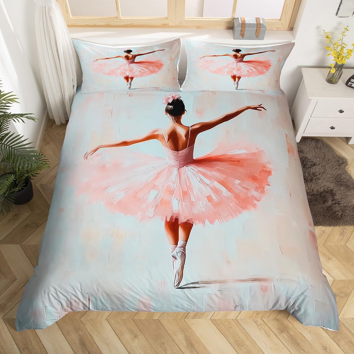 Housse de couette 140x200cm danseuse rose en coton doux pour fille passionnée de danse