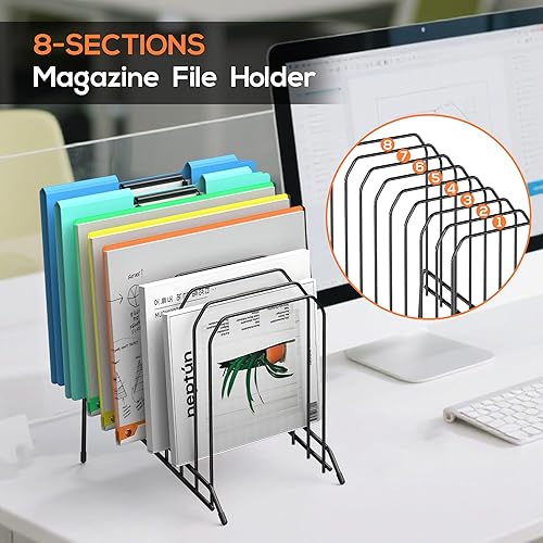 Miniatura 2 de Organizador de archivos de escritorio con clasificación inclinada, soporte de metal para carpetas de revistas con compartimentos verticales de 8