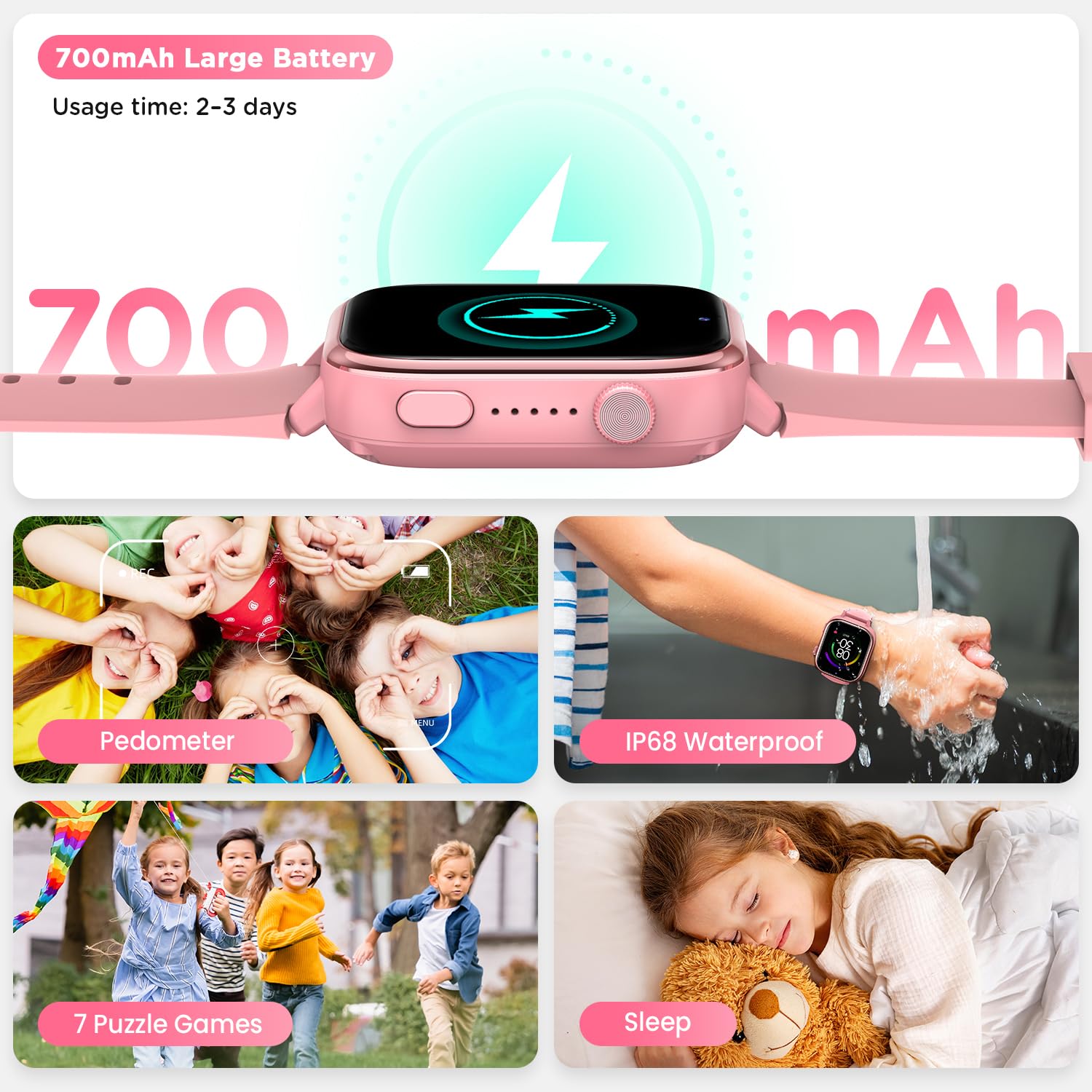 4G Smartwatch Bambini con GPS, Orologio Smartwatch Bambini con Chiamate, Videochiamate, Chat Vocale, SOS, Modalità Scuola, Sveglia IP68 Calcolatrice Contapassi Smart Watch per Ragazzi e Ragazze, Rosa