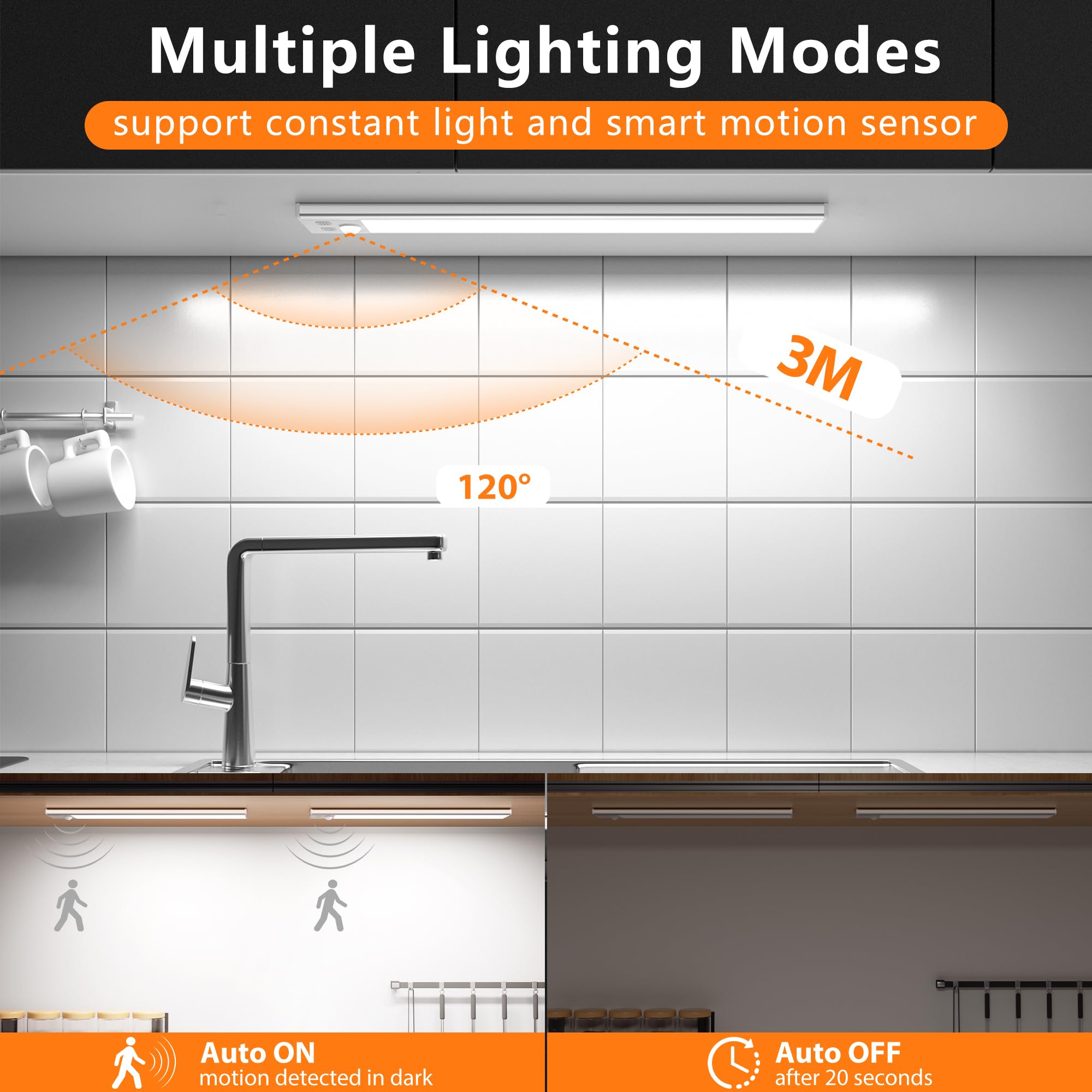Luce LED Armadio Con Sensore Di Movimento - Ricaricabile USB, Magnetica, 3 Colori E Dimmer (Modello Black A 60cm) - 2