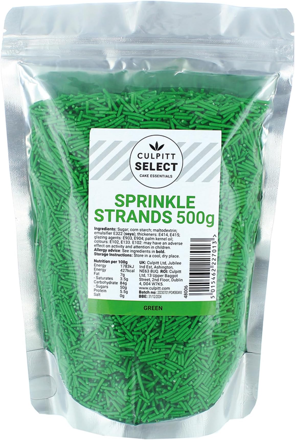 Culpitt Select Sprinkles | Green Sugar Strands, Cake Sprinkle Decorations For Cakes, Cupcakes, Cookies, Ice Cream, and Desserts | 500g