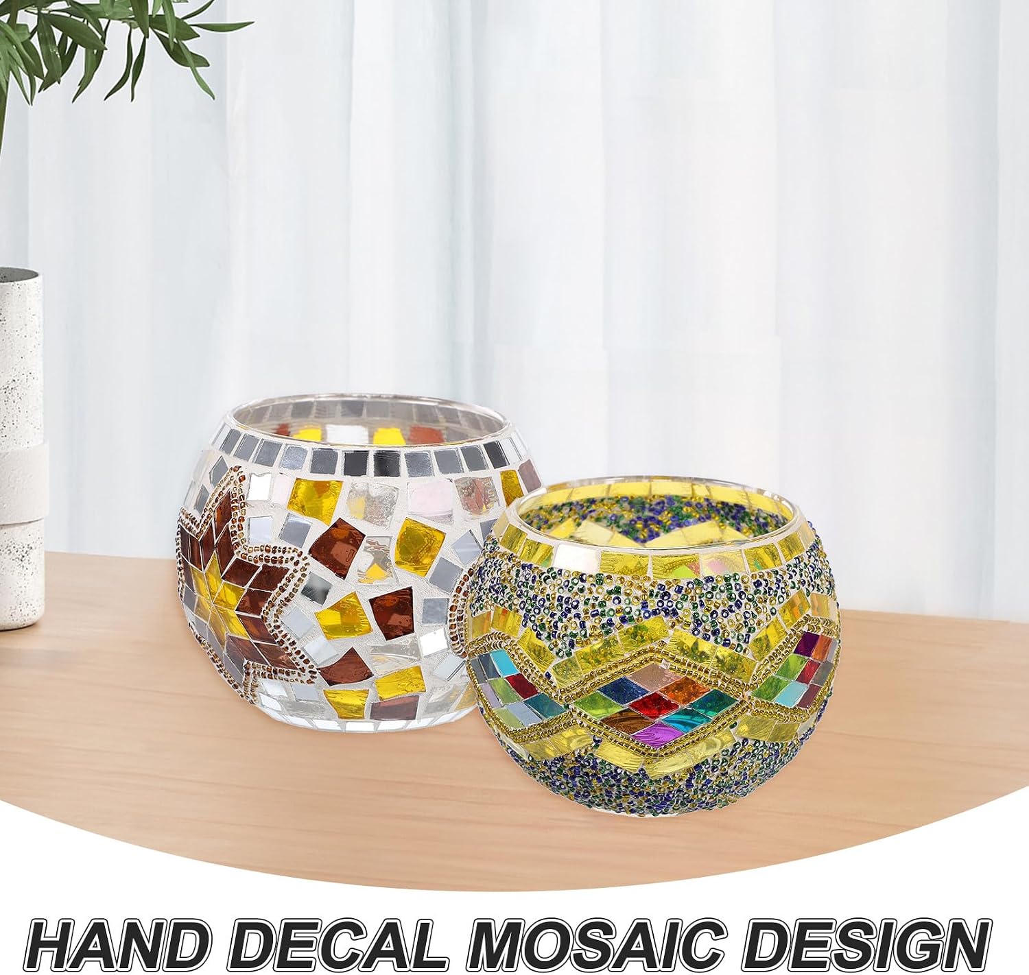 Handcrafted Mosaic Glass Candleholder Set, 2 Pieces Decal Table Candle Holders for Dining Room and Restaurant Decor