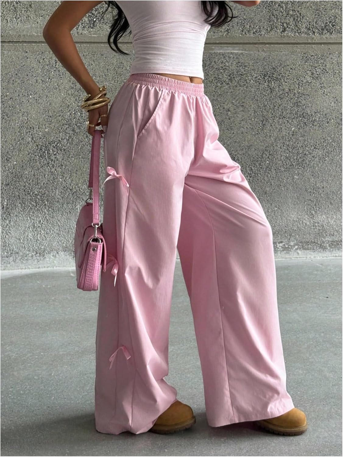 SOLY HUX Girl's Baggy Sweatpants Y2k Bow Elastic Waist Wide Leg Long Pants with Pockets - Image 3