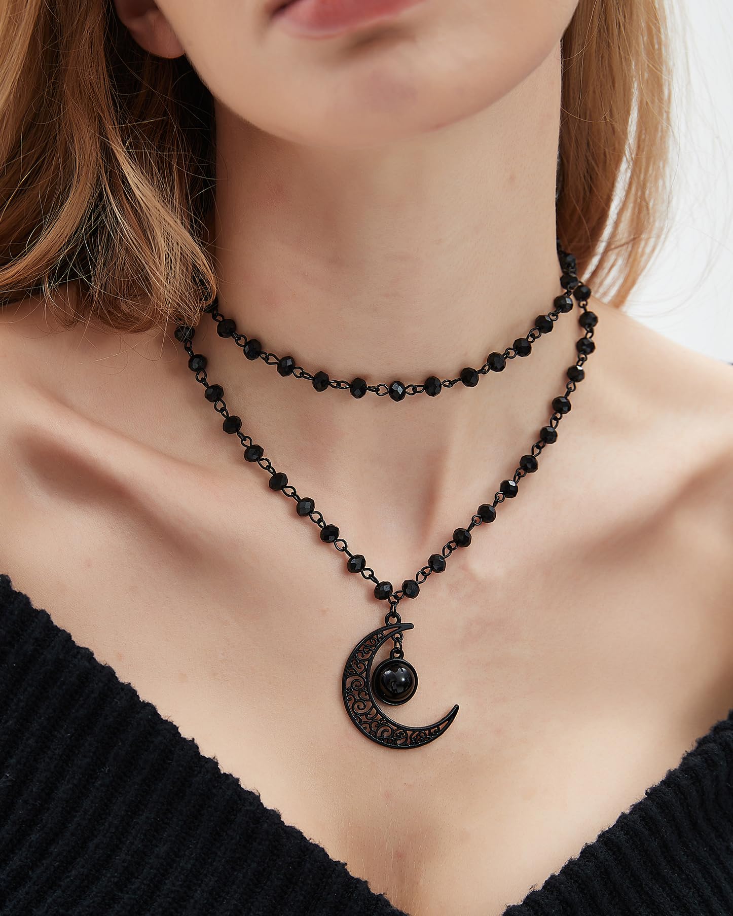 Balirek Gothic  Necklaces Moon Cross Necklaces Black Crystal Chain Halloween Black Pendant Choker Halloween Jewelry for Woman