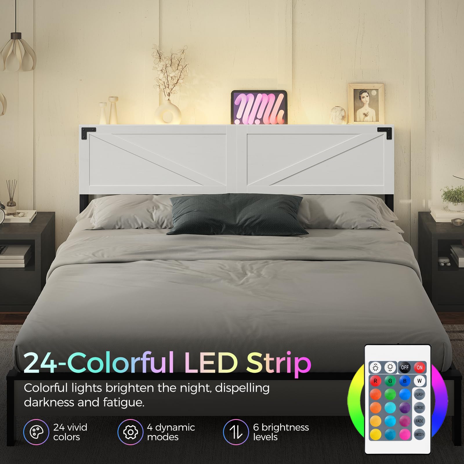 Cabecera tamaño King con 2 salidas y 4 puertos USB, cabecera de granja, con luces LED, almacenamiento seguro con valla elevada, con adaptador de marco de cama, color blanco y negro 2