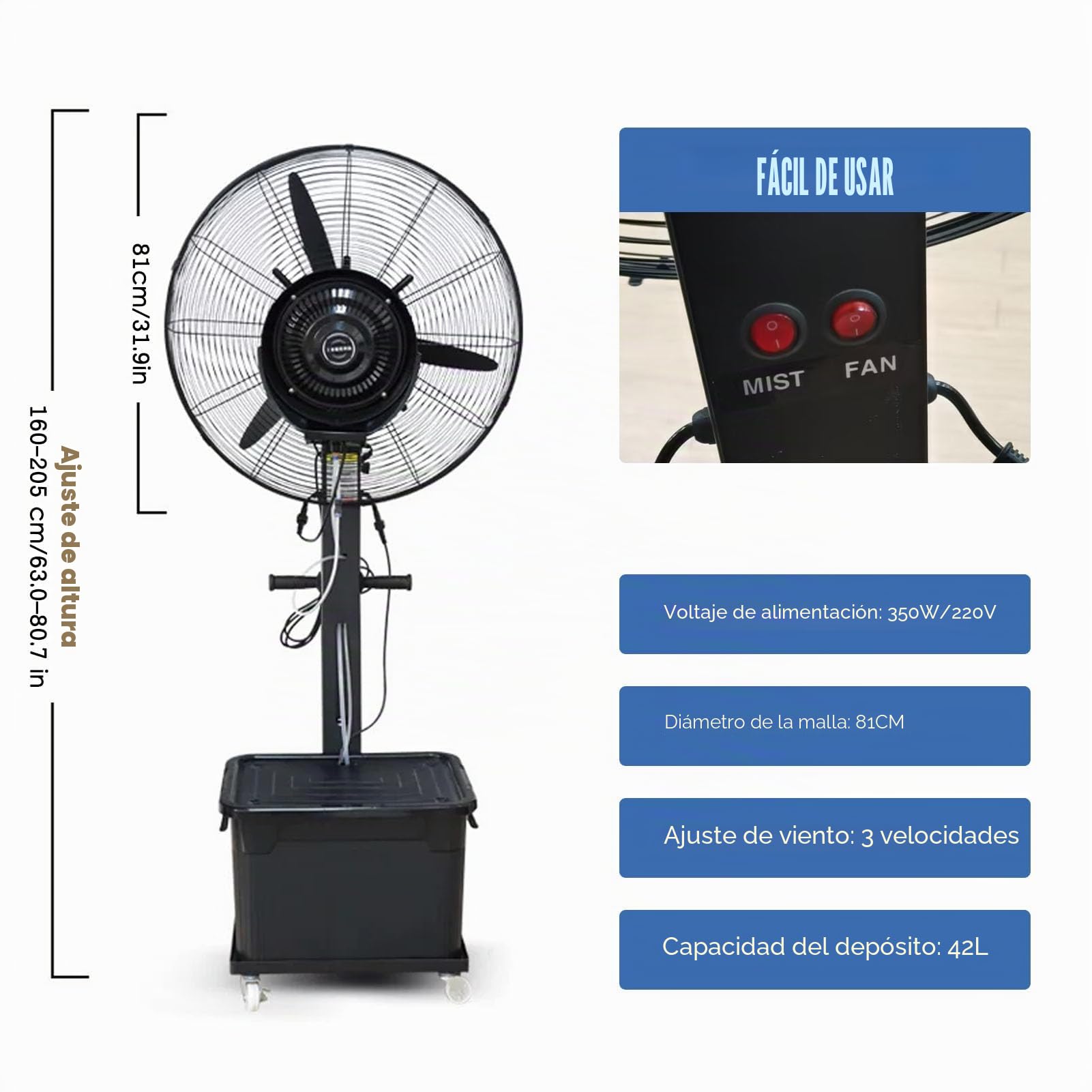 Ventilador Nebulizador De Pie con DepóSito De Agua De 42L, 3 Velocidades, Ventilador De Pedestal Exterior con Pulverizador, OscilacióN De 90°, Enfriador De Aire para Taller Garaje PéRgola