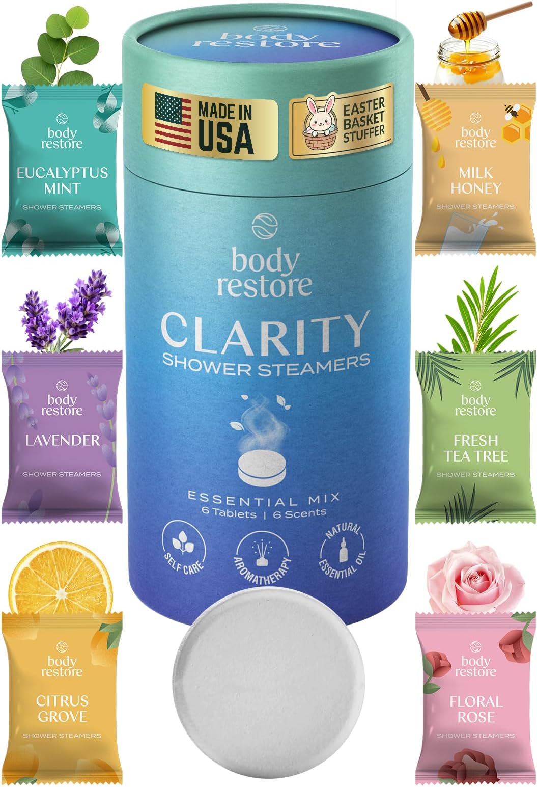 Body Restore Shower Steamers Aromatherapy 6 Pack - Birthday Gifts for Men, Women, Dad Gift, Stress Relief, Relaxation, Self Care - Clarity